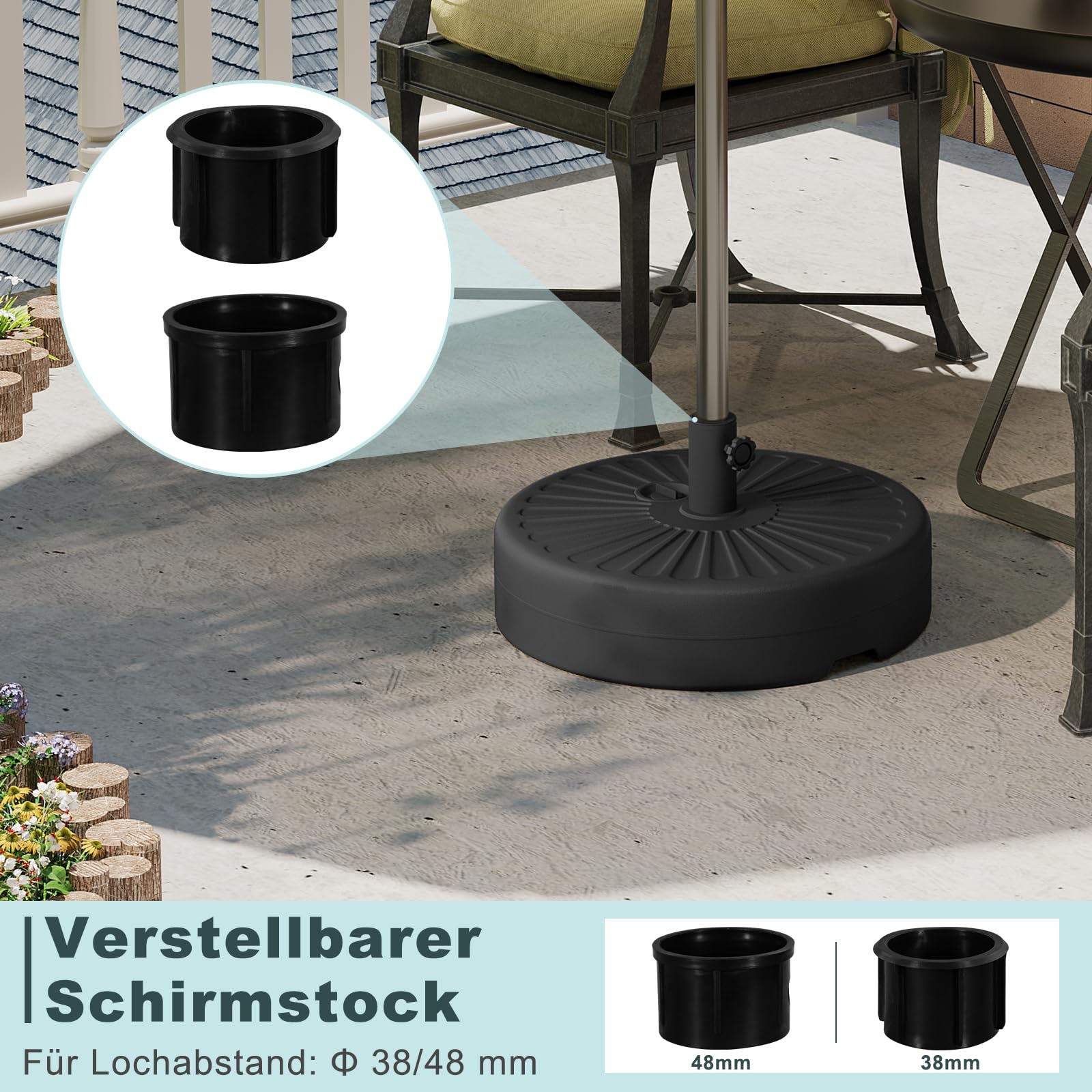 WOLTU Sonnenschirmständer rund 22 L, befüllbar mit Wasser oder Sand, Schirmständer aus HDPE, Sonnenschirmfuß für Schirmstöcke Ø 38-48 mm, inkl. Adapterhülsen, Schwarz
