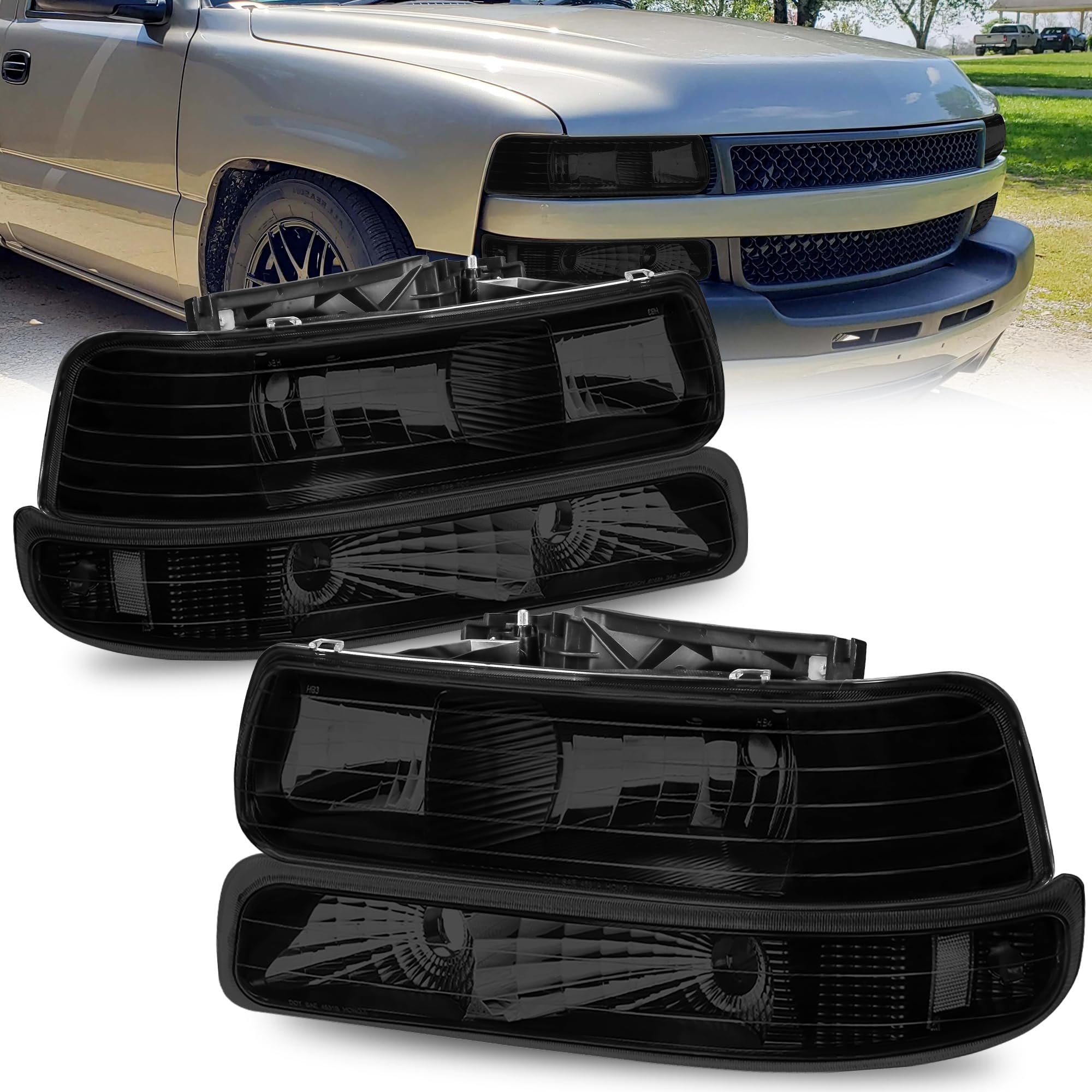 Headlight Assembly Compatible for 1999-2002 Chevy Silverado 1500 2500 | 2000-2006 Chevy Suburban 1500 2500 Tahoe Headlamp w/Black Housing/Smoked Lens/Transparent Reflector