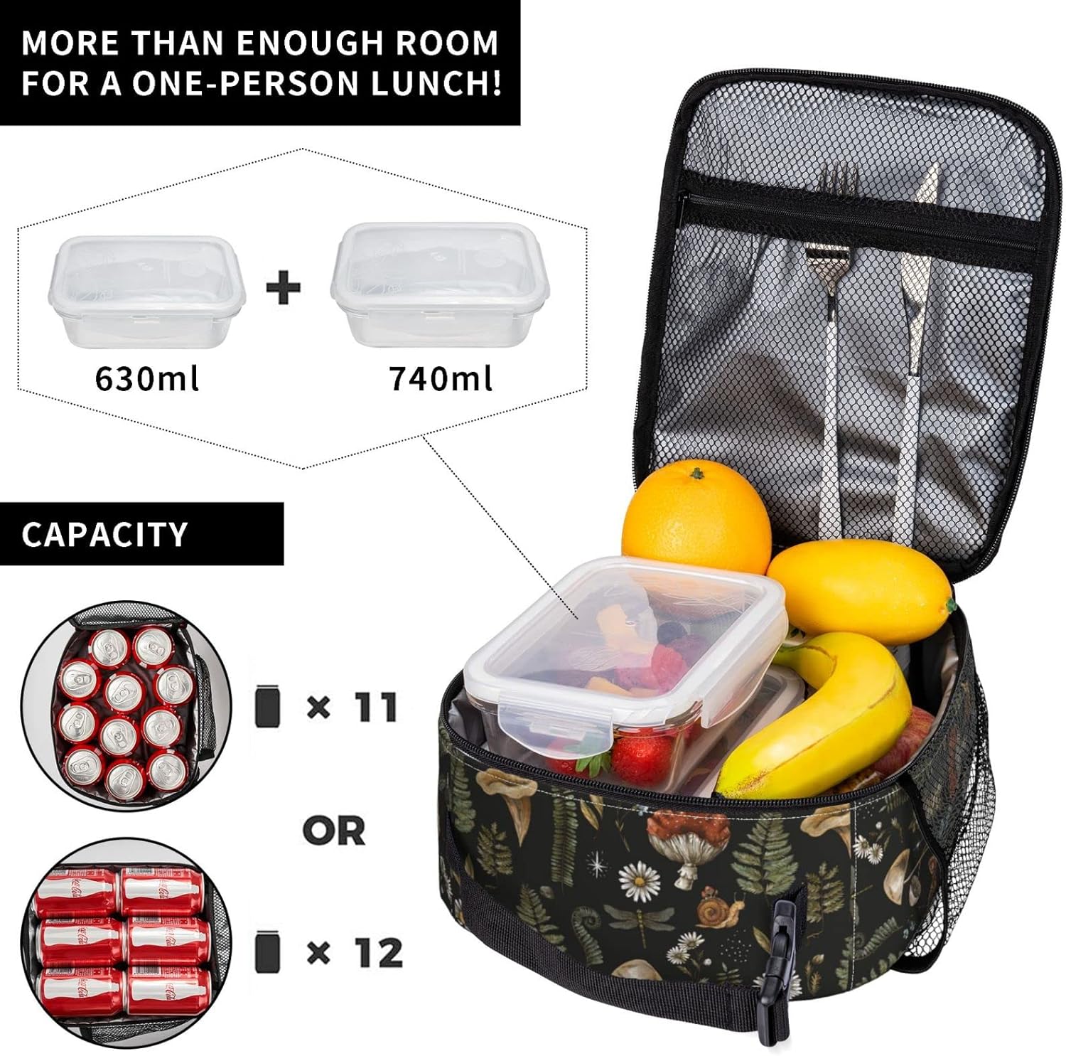 SUPLUCHOM Lunch Box Vintage Mushroom Leaf Forest Insulated Bag Reusable with Side Pocket for Work School Picnic Hiking Daytrip Kid Over 3 Years Old