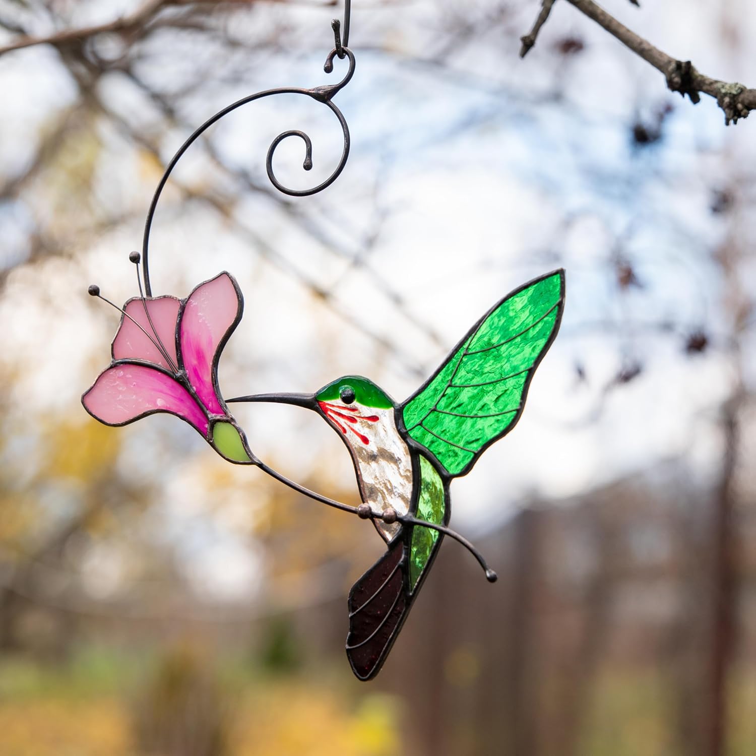Multicolor Hummingbird Handmade Stained Glass Suncatcher Genuine Stained Glass Window Hangings Unique Indoor Ornament & Outdoor Decor (Green Hummingbird)