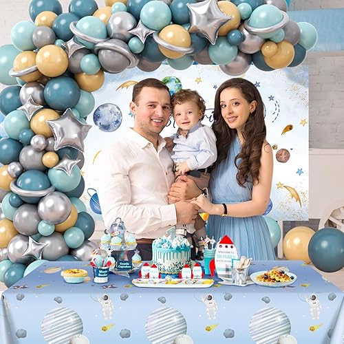 Miniatura 6 de Winrayk 156 piezas de decoración de primer viaje alrededor del sol para el primer cumpleaños de niño, una caja, mantel de telón de fondo de papel de