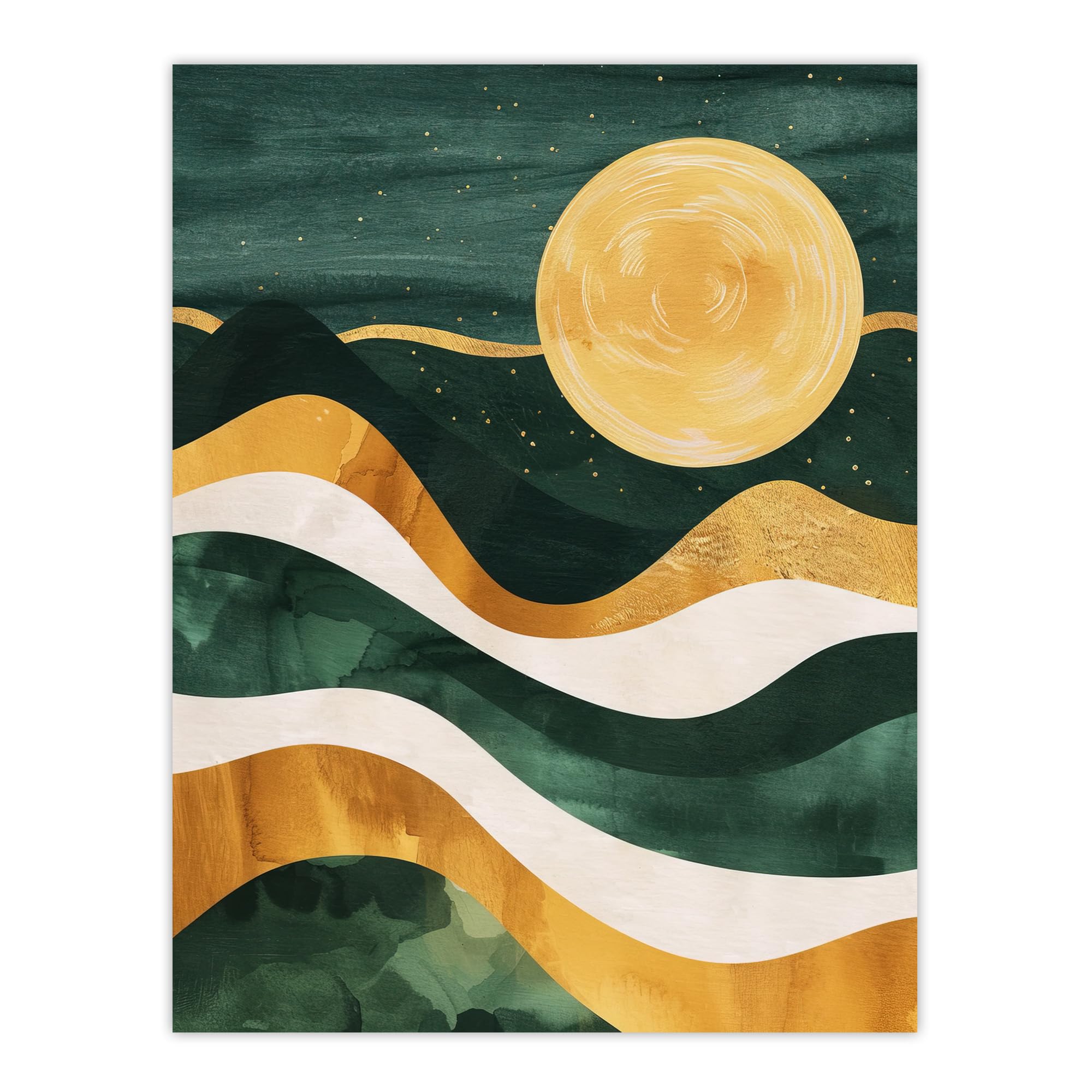 Artery8 Full Moon Over Mountains Green Gold Boho Abstract Living Room Large Wall Art Poster Print Thick Paper 18X24 Inch