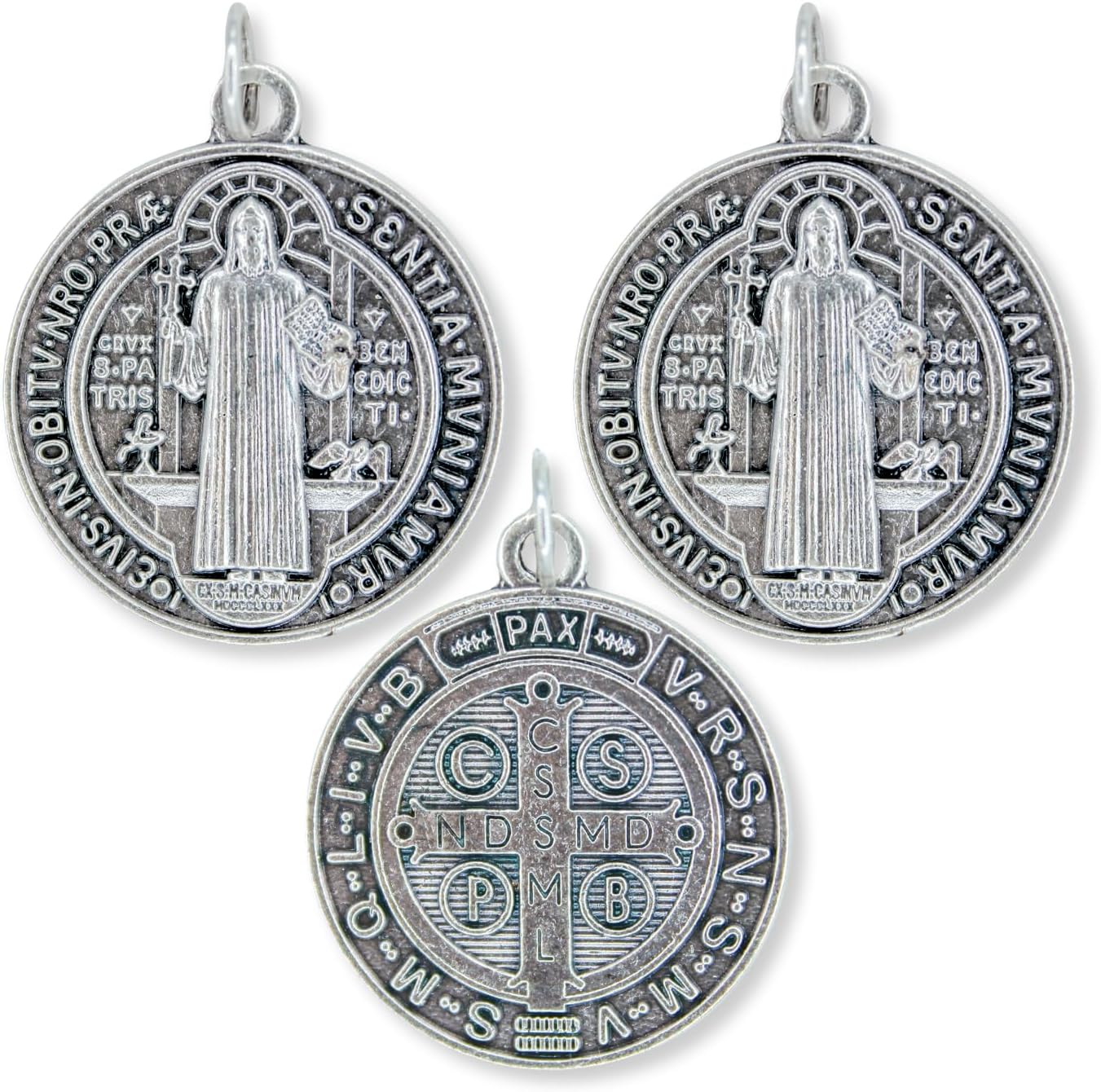 Caritas et Fides Pack of 3 - Round Saint Benedict Medals (1.25", Silver Oxidized), Made in Italy - Catholic Protection from Evil and Overcoming Addiction
