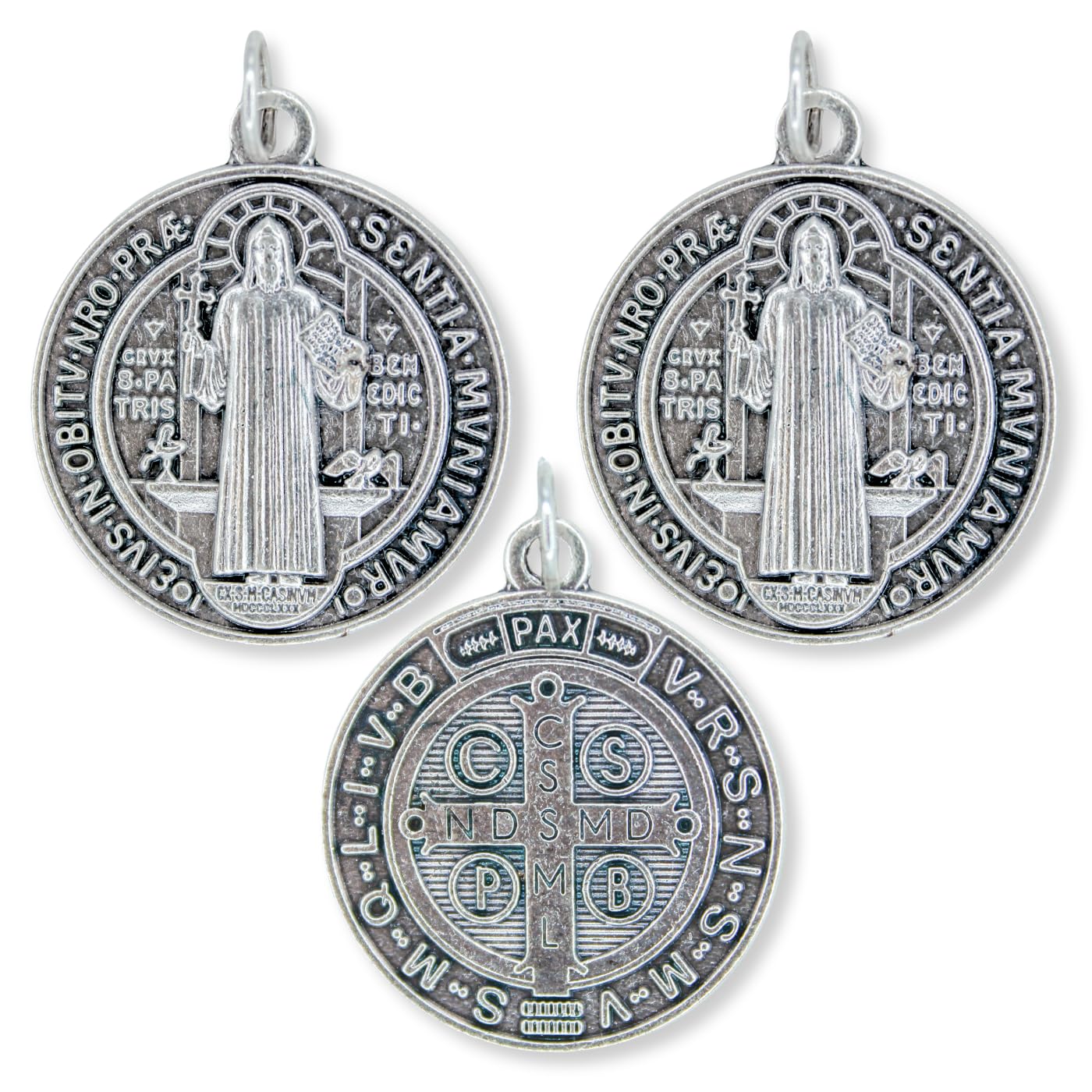 Caritas et Fides 3 Pack - Round Saint Benedict Medals (1.25", Oxidized Silver) Made in Italy - Catholic Protection Against Evil and Overcoming Addiction, Stainless Steel, No Gemstone-picture-18