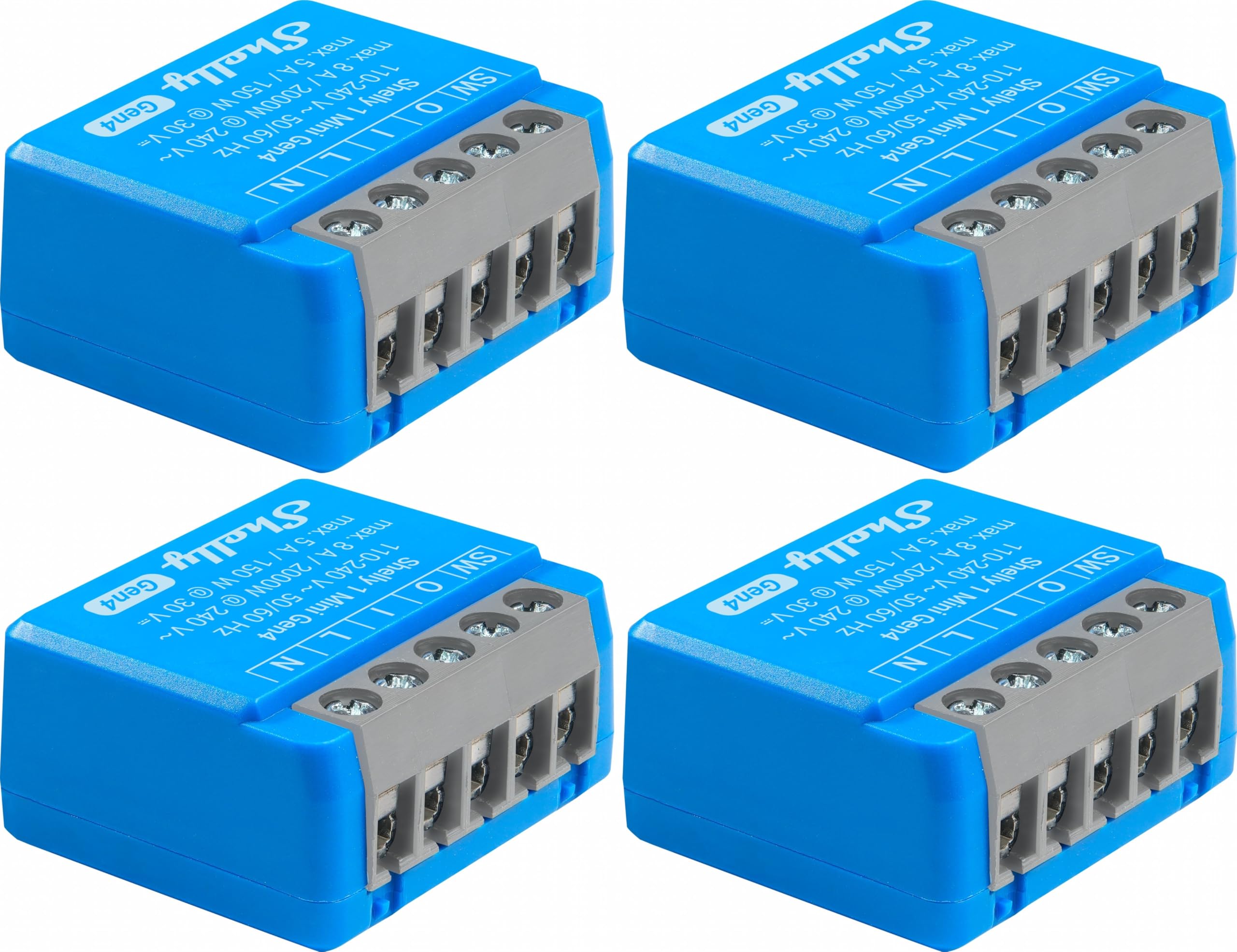 SHELLY Relais 1 Mini Gen4, 8 A, WLAN, Bluetooth, blau, 4 Stück