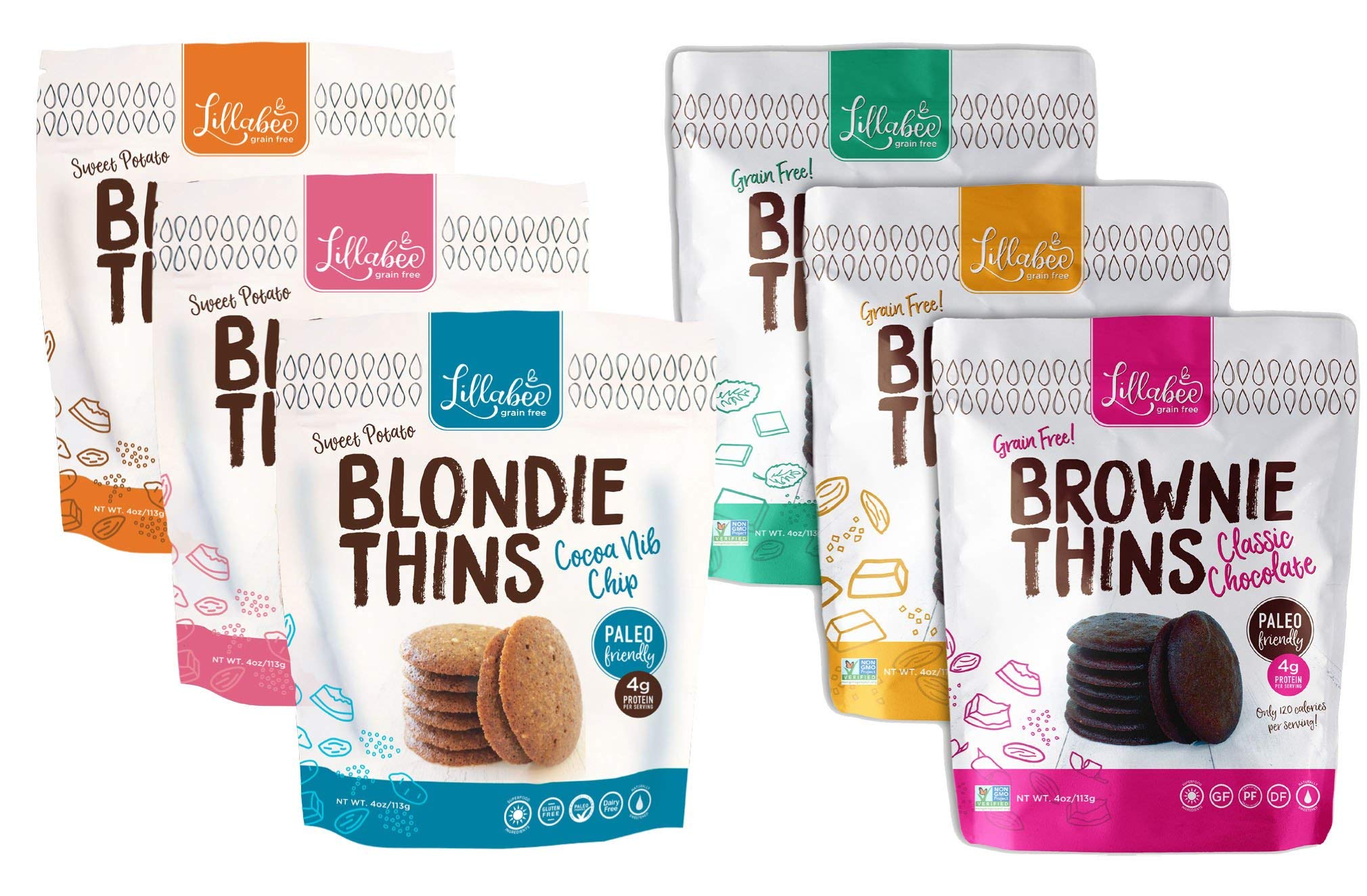 Lillabee Blondie & Brownie Thins Variety Pack, Paleo Friendly, Gluten Free, Carb Smart, Healthy Snacks, High Protein, Crunchy Cookies , Grain, Soy and Dairy Free, 4oz bag 6 Pack
