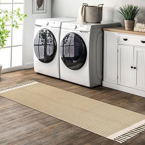 Miniatura 5 de Lanffia Alfombra bohemia de 2 x 6 pies, color caqui, alfombra de pasillo lavable, alfombra de algodón tejida para interiores, con borlas, alfombra