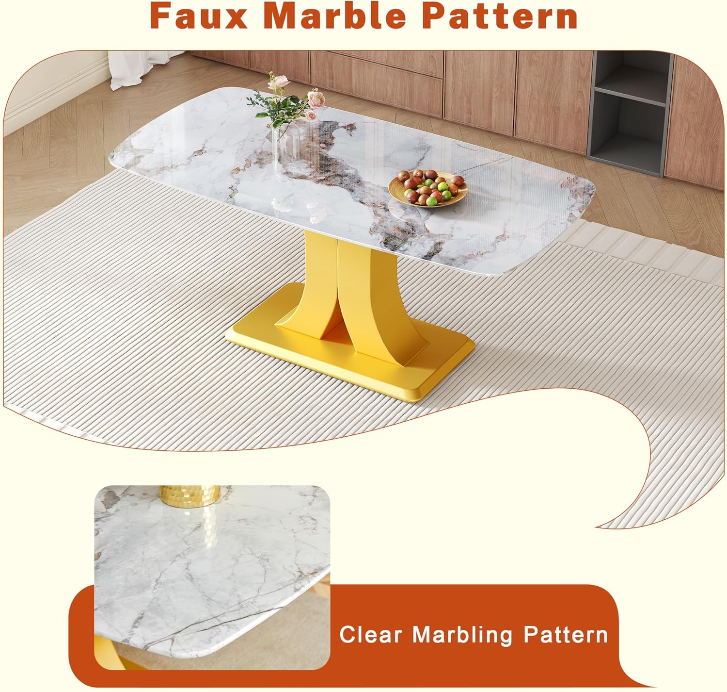 Modern Dining Table Set with 6 White Chairs, 71 Inch Rectangular Dining Room Table with Gold Leg White Marble Pattern Kitchen Table for Kitchen Apartment Restaurant