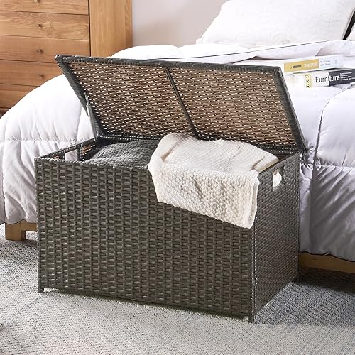 Miniatura 8 de Baúl de almacenamiento de mimbre, 30 x 17 x 18 pulgadas, 160 L, baúl de mimbre tejido a mano con tapa que se mantiene abierta, soporta 200 libras,