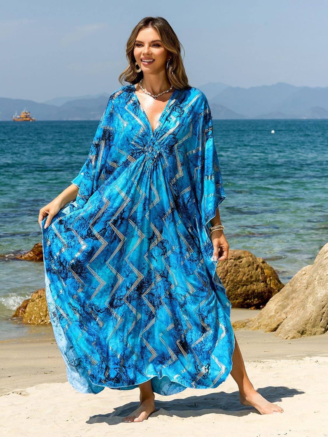 Kaftan Dresses for Women Plus Size V-Neck Moo Moos Batwing Kaftan Beach Dress Bathing Suit Cover-Up Loungewear - Image 5