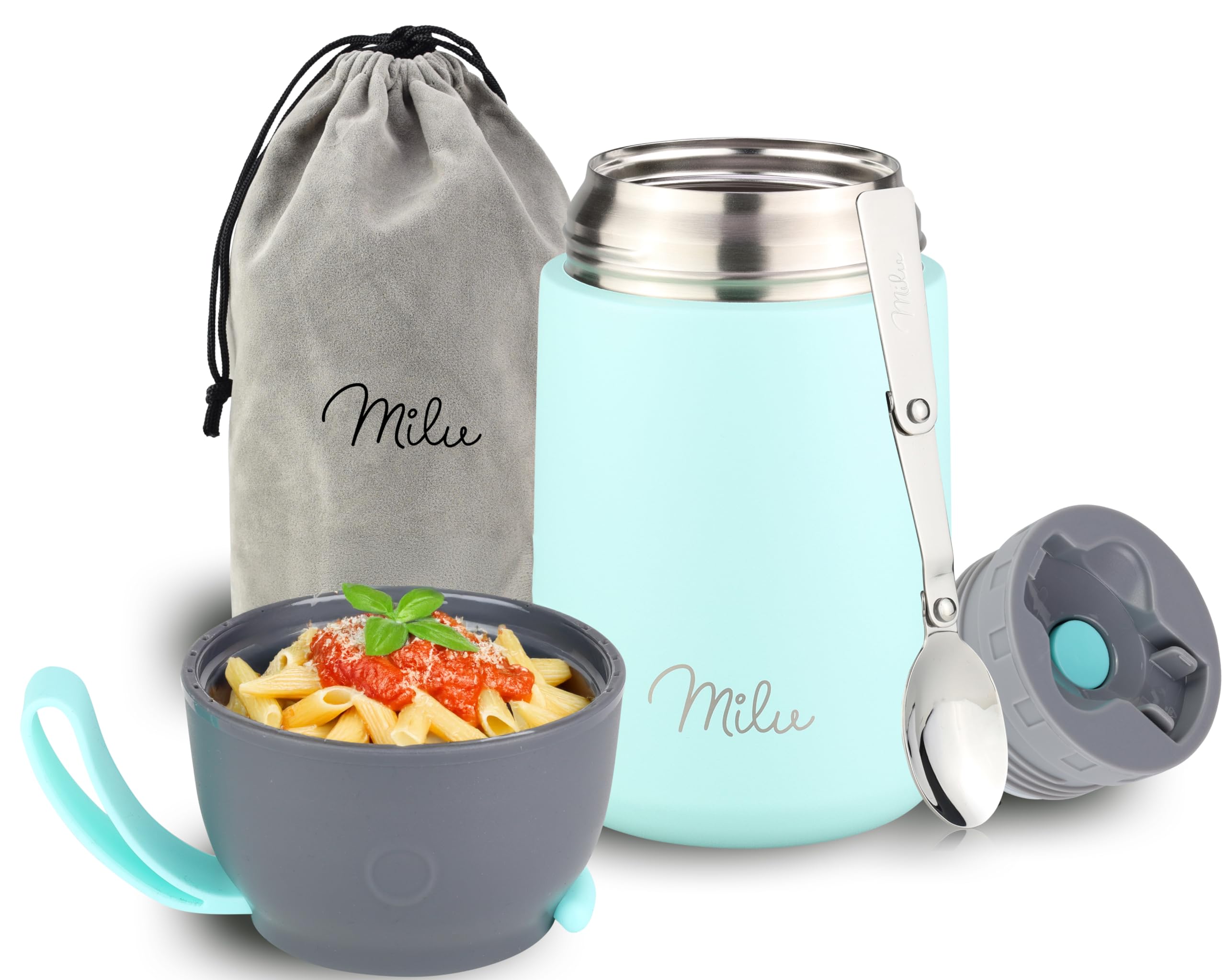 Milu® Thermobehälter für Essen 650ml, Edelstahl Warmhaltebehälter mit Löffel, Thermobecher Essen, Thermo Lunchbox für Kinder, Erwachsene, Thermobox Suppen, Babybrei, Speisebehälter Mint, 650ml