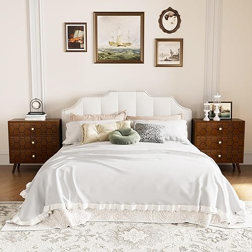 Miniatura 53 de COSIEST Mesita de noche, mesa auxiliar rústica con 3 cajones, mesita de noche de madera vintage con patas sólidas, mesa auxiliar moderna para Patrón