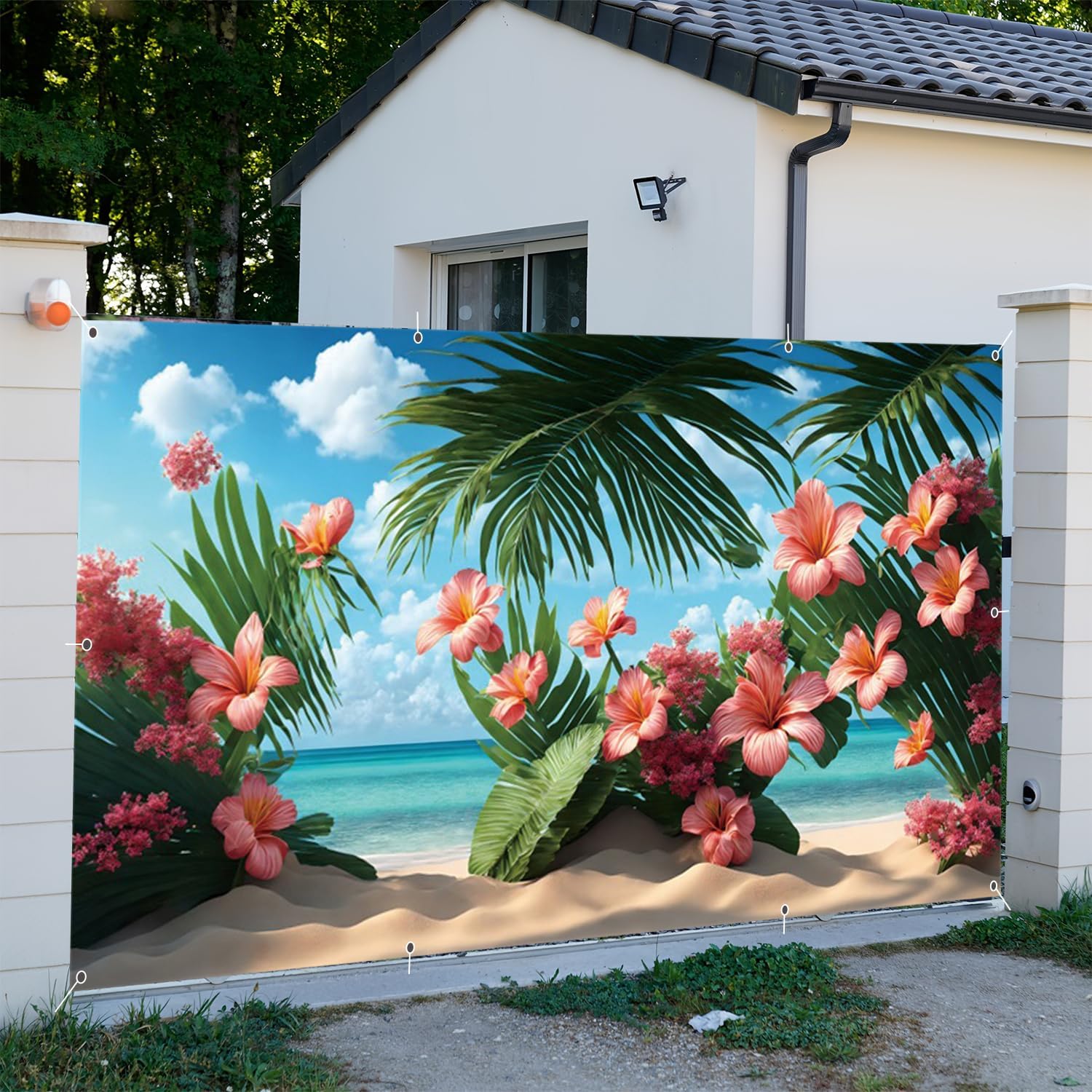 Beach Garage Door Cover 7x16ft Blooming Flowers Tropical Palm Leaves Summer Garage Door Decorations for 2 Car Floral Backdrop Large Hawaiian Garage Door Banner for Party Supplies