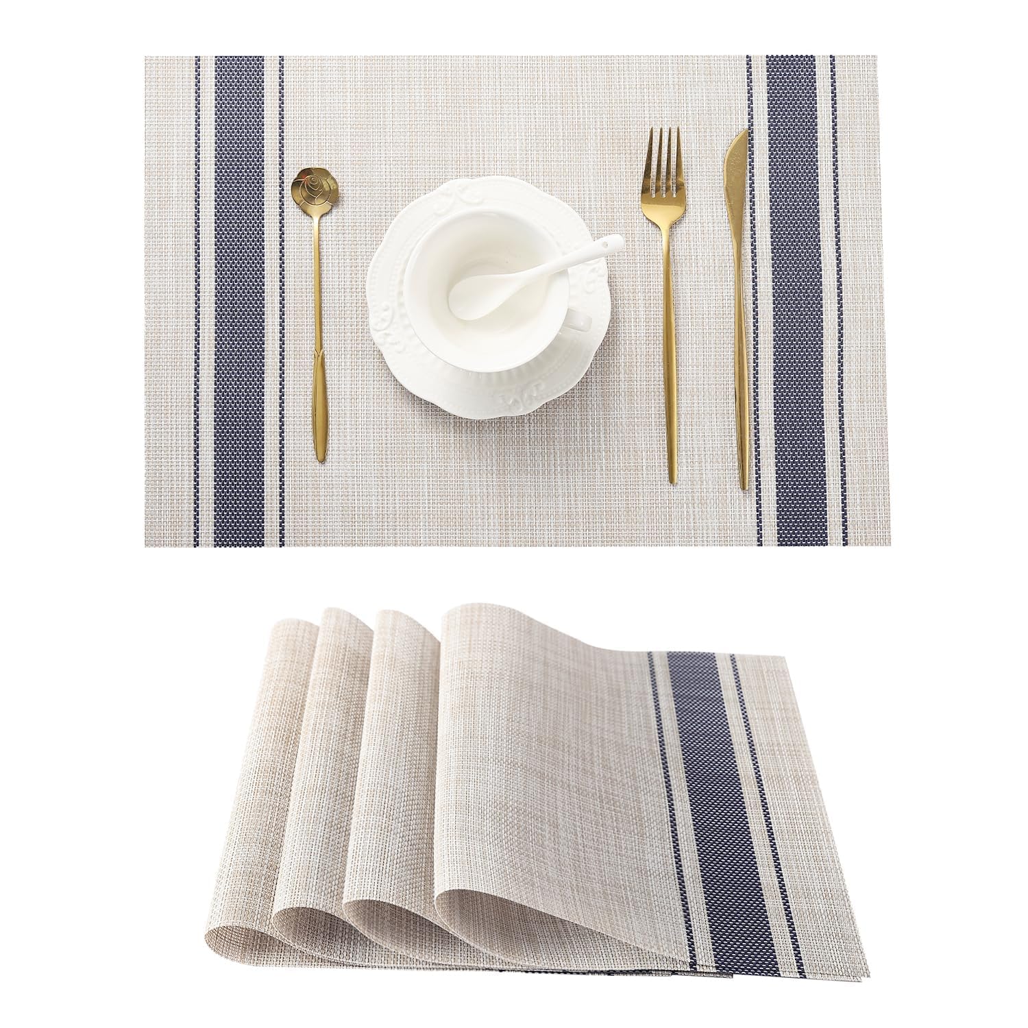 Fideo Placemats Set of 6 | PVC Woven Dining Table Mats 45 x 30 cm | Khakhi Blue | Non Slip Heat Resistant Waterproof Washable Anti Skid | Table Protector for Kitchen Home Restaurant Cafe