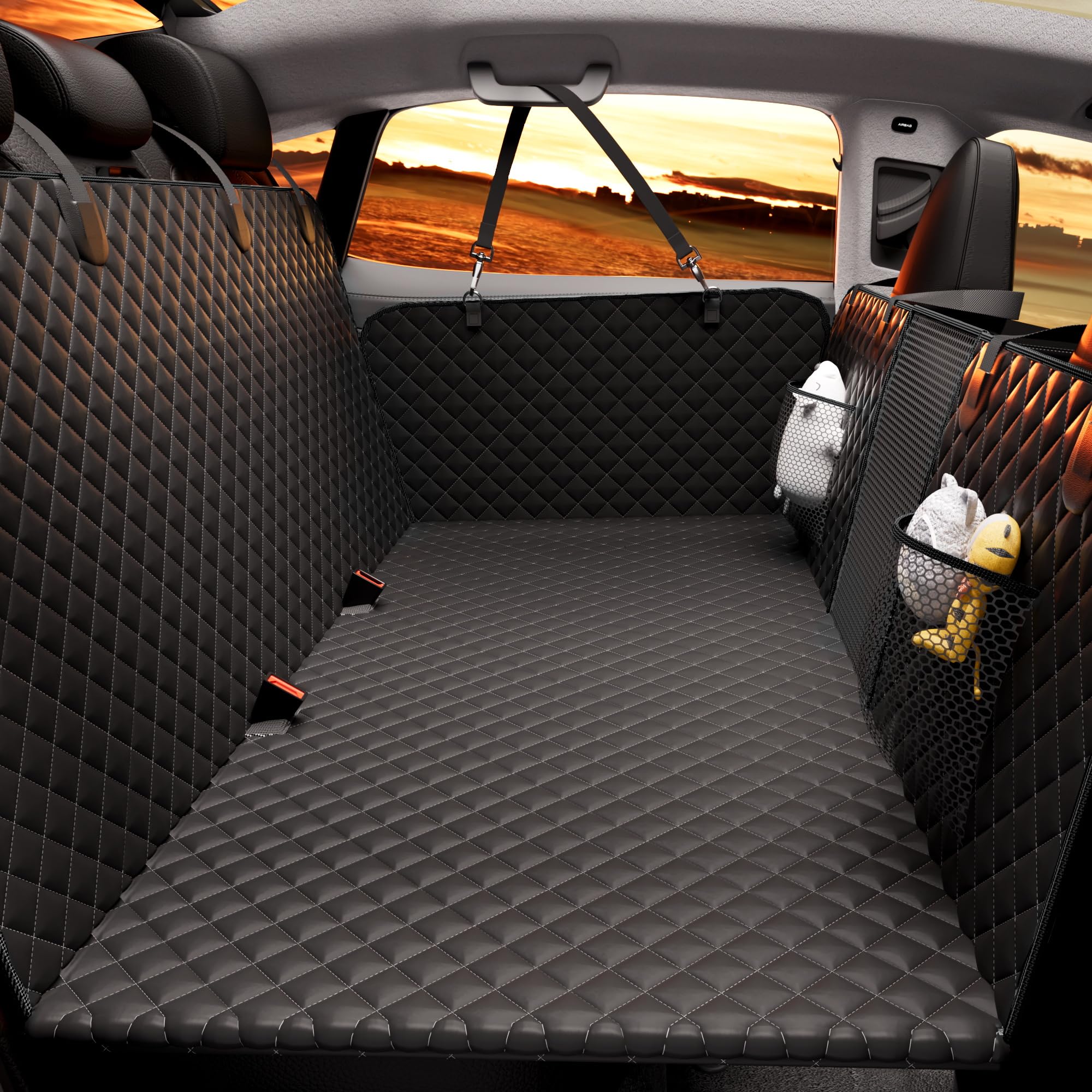 Back Seat Extender for Dogs - Large Space, Waterproof Dog Car Seat Cover for Back Seat with Hard Bottom Holds 420lbs, Upgraded Material Waterproof Pet Car Bed Dog Hammock for Car