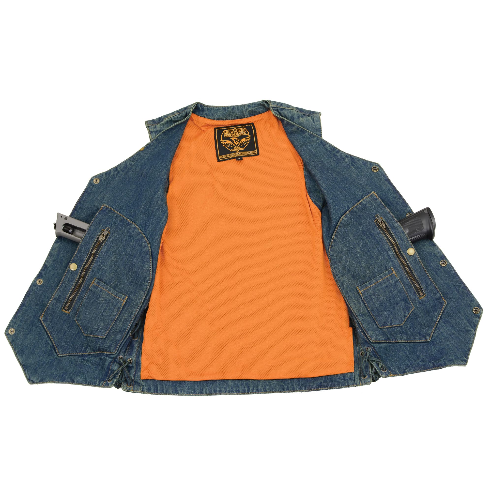 Milwaukee Leather Men's Blue Denim DM1989 10 Pocket Blue Side Lace Vest (US, Alpha, 3X-Large, Regular, Regular, Regular)