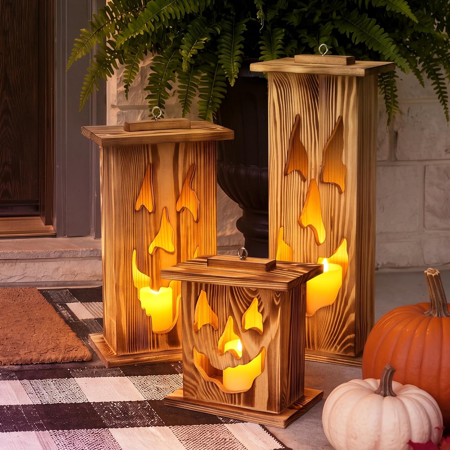 Woanger 3 Pcs Halloween Wooden Lantern Set Spooky Jack O Lantern Decor