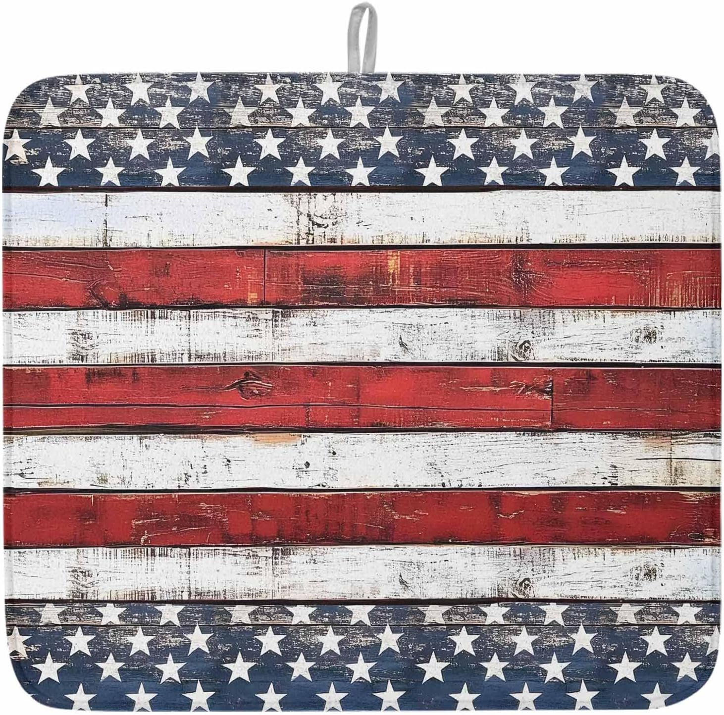 Dish Drying Mat Set of 2 4th of July American Flag Microfiber Absorbent Reusable Washable Dish Drying Rack Mat Independence Day Coffee Mat for Coffee Maker Bar Kitchen Countertops 18x24inch