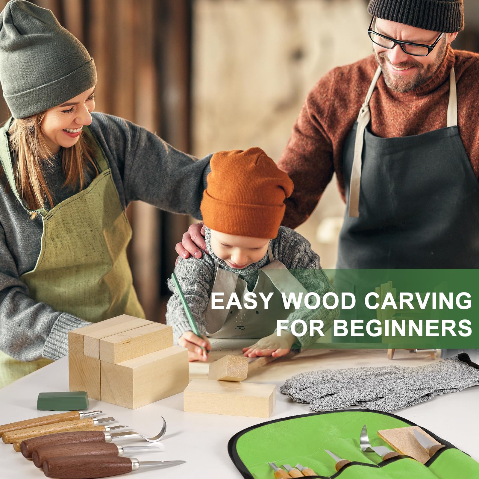 Kit de Tallado de Madera, 10 en 1 Kit de Herramientas para Tallar Madera, incluye 6 Cuchillos Para Tallar Madera Seco para principiantes, Guantes Resistentes a Cortes, Bolsa de Lona