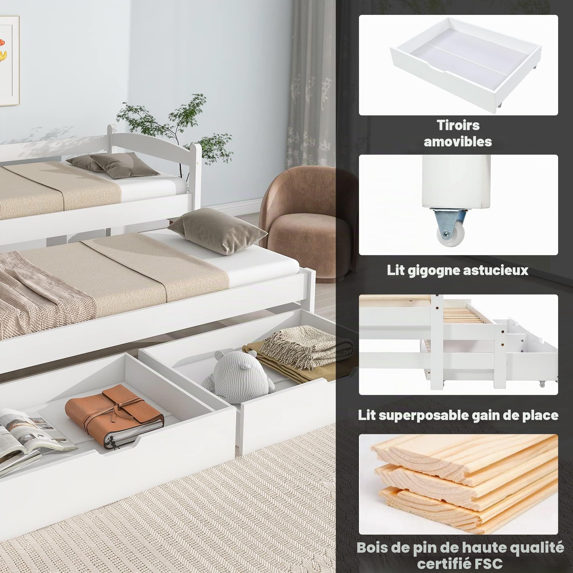 Cadre de lit 90 x 200 cm avec tiroirs, lit gigogne, 2 tiroirs, pour adultes, lit pour enfants, pin, blanc