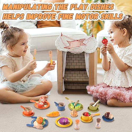 Miniatura 6 de GAGAKU Juego de platos de madera para niños, platos de juego para la cocina de los niños, juego de platos de madera para niños pequeños, accesorios