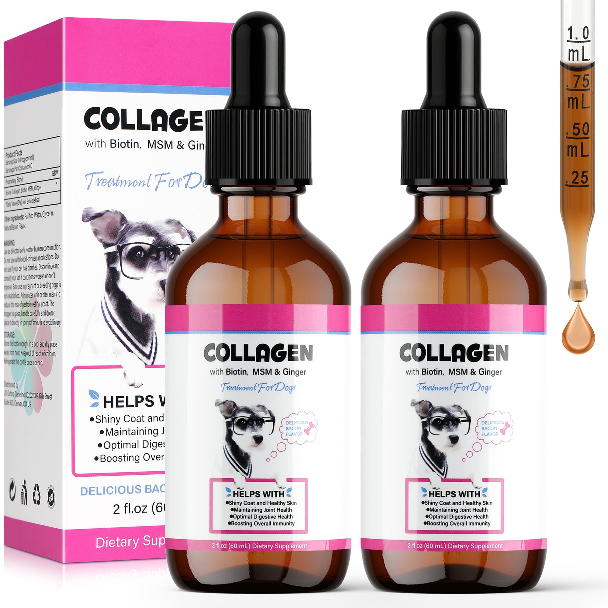2Pack Liquid Collagen for Dogs – Hydrolysed Marine Collagen Drops with Biotin, MSM, Ginger & Vitamins C & E – Supports Joint Mobility, Skin & Coat Health – For All Breeds & Sizes – 120ml
