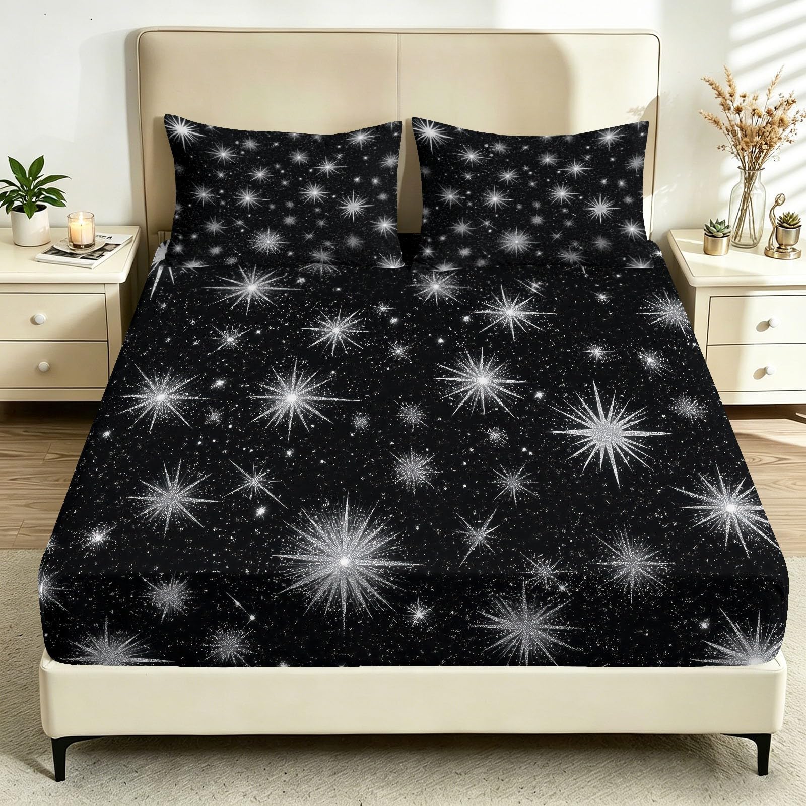 Juego de sábanas bajeras ajustables de 3 piezas, 180 x 200 cm, de microfibra, diseño de estrella fugaz, suave y agradable a la piel, transpirable, hipoalergénica, para colchones de hasta 30 cm de