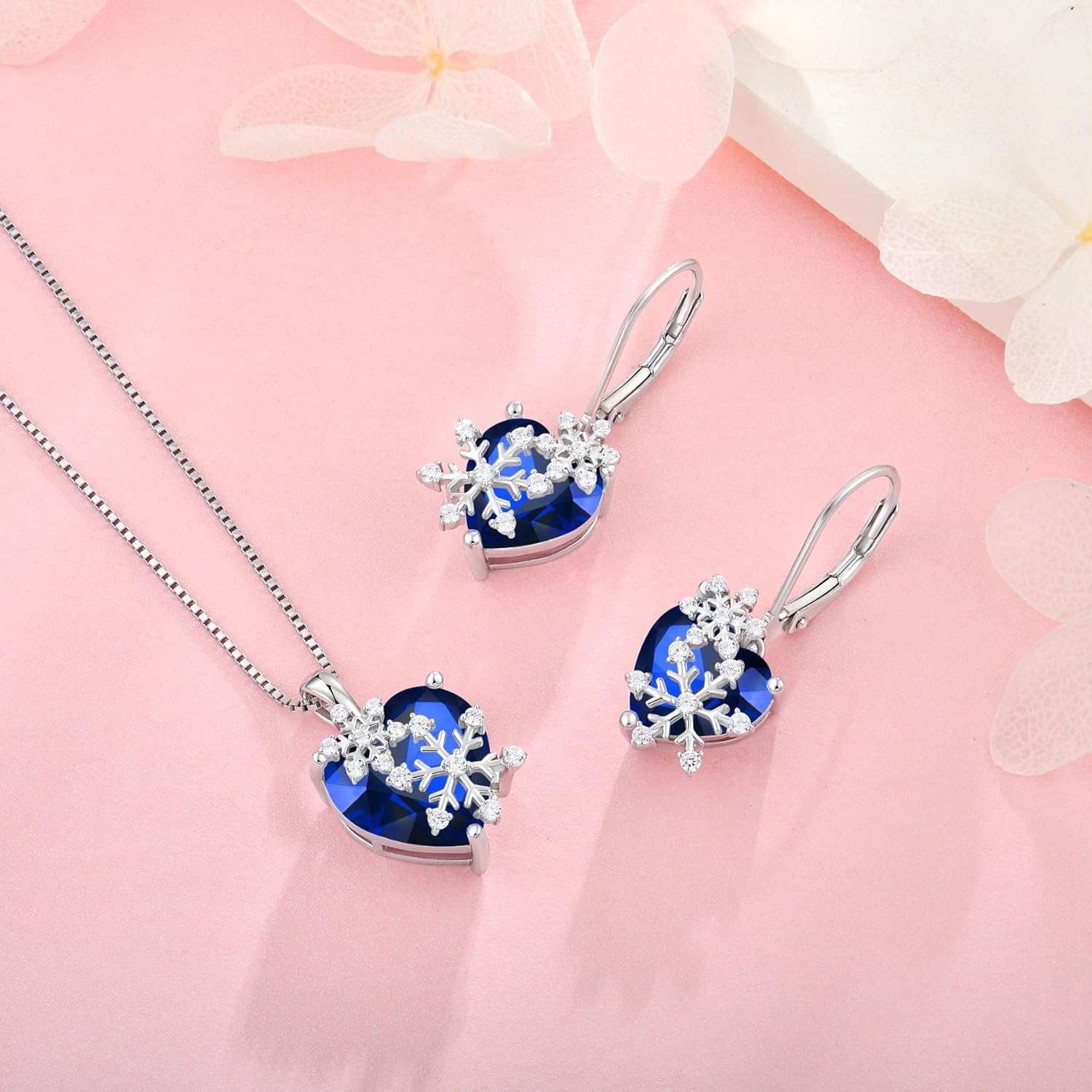 Snowflake Necklace for Women 925 Sterling Silver Heart Birthstone(White/Aquamarine/Sapphire/Pink) Pendant Necklaces Cubic Zirconia Winter Christmas Jewelry - Image 2