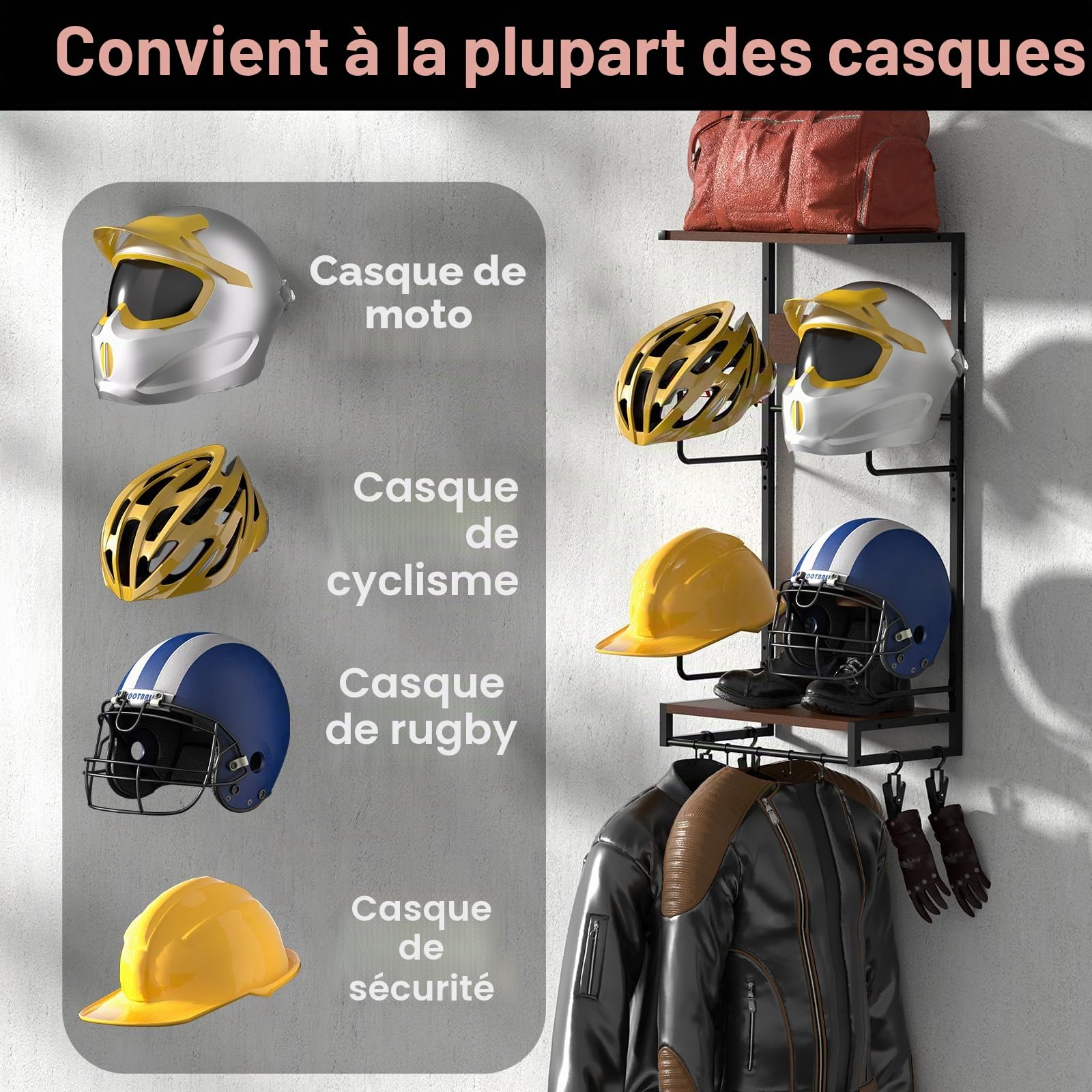 Support Casque Moto, Porte Casque Moto Mural pour Accrocher Le Casque et la Veste de Moto au Mur,Avec des planches en bois doubles，pour ranger vos accessoires de moto