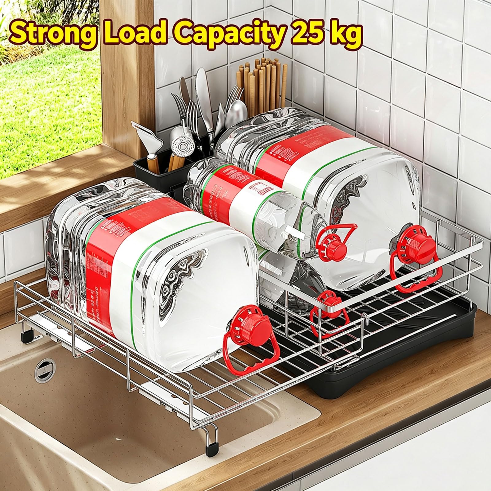 Escurridor de Platos para Encimera de Cocina Escurridor de Platos Extensible de Acero Inoxidable con Bandeja Recogegotas y Portacubiertos Secador Boquilla Giratoria 360°Ahorra Espacio