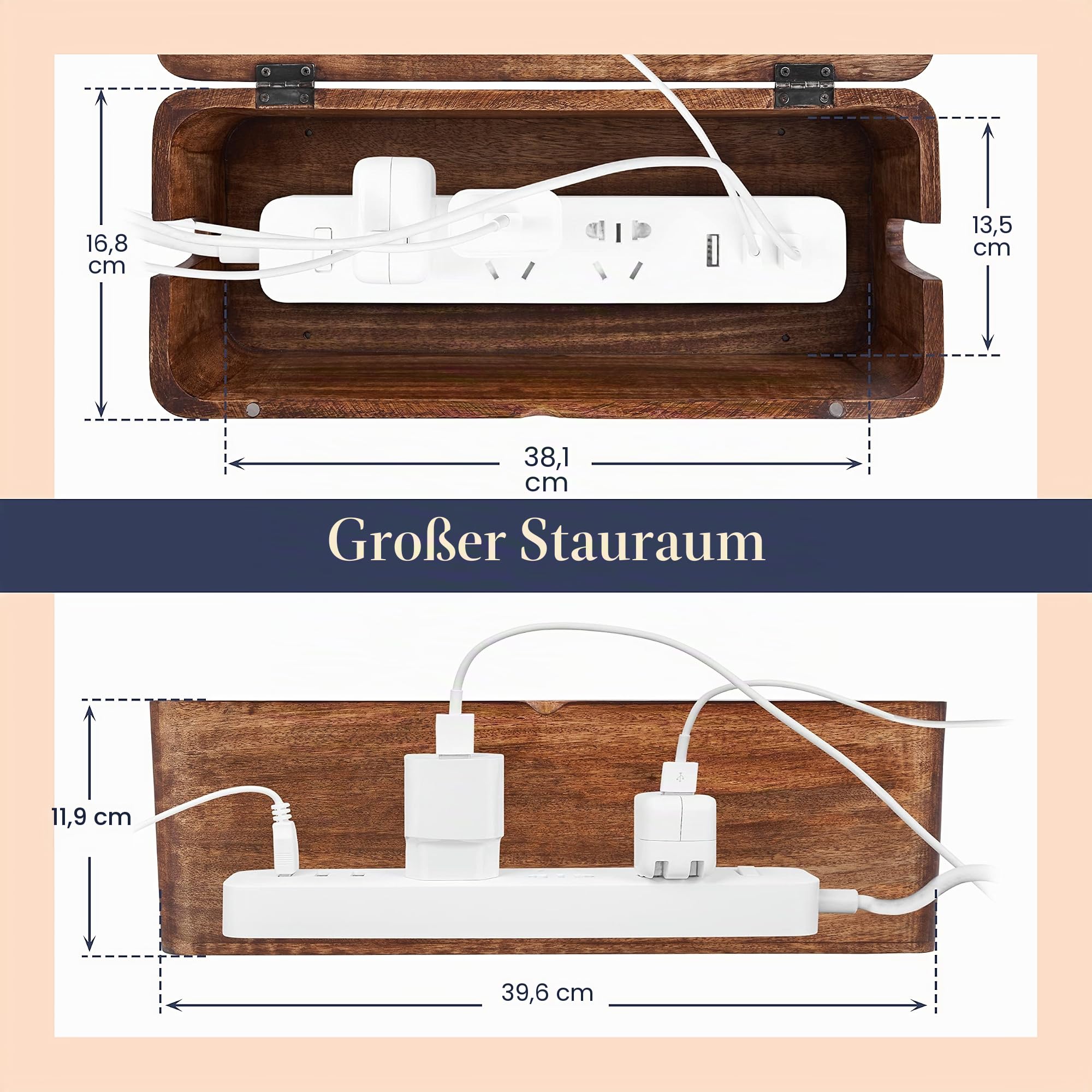 Kabel-Management-Box & Kabel-Organizer für Schreibtisch, Zuhause, Büro, versteckt Kabel, Überspannungsschutz, Steckdosenleiste Umweltfreundliche Mangoholz-Kabel-Management-Lösung (Natur) | Mangoholz, Kabel-Organizer, rustikaler Stil, modernes Design, Schr