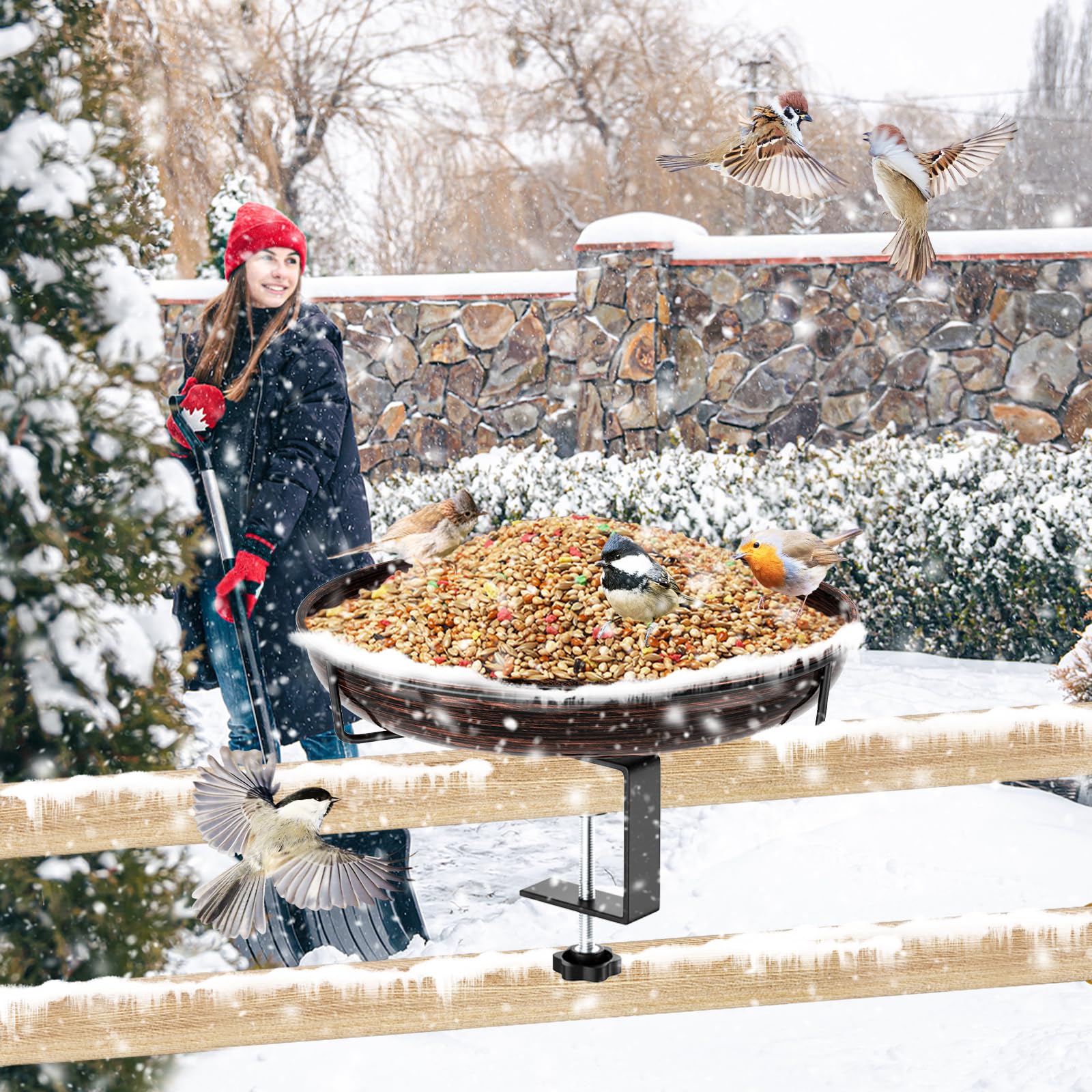 Vogeltränke Hängend für Balkongeländer, Vogelfutterspender Wassertränke Für Balkon Garten,Groß Frostsicher Wildvogeltränke Winterfest Außen Metall（Vintage-Kupfer）