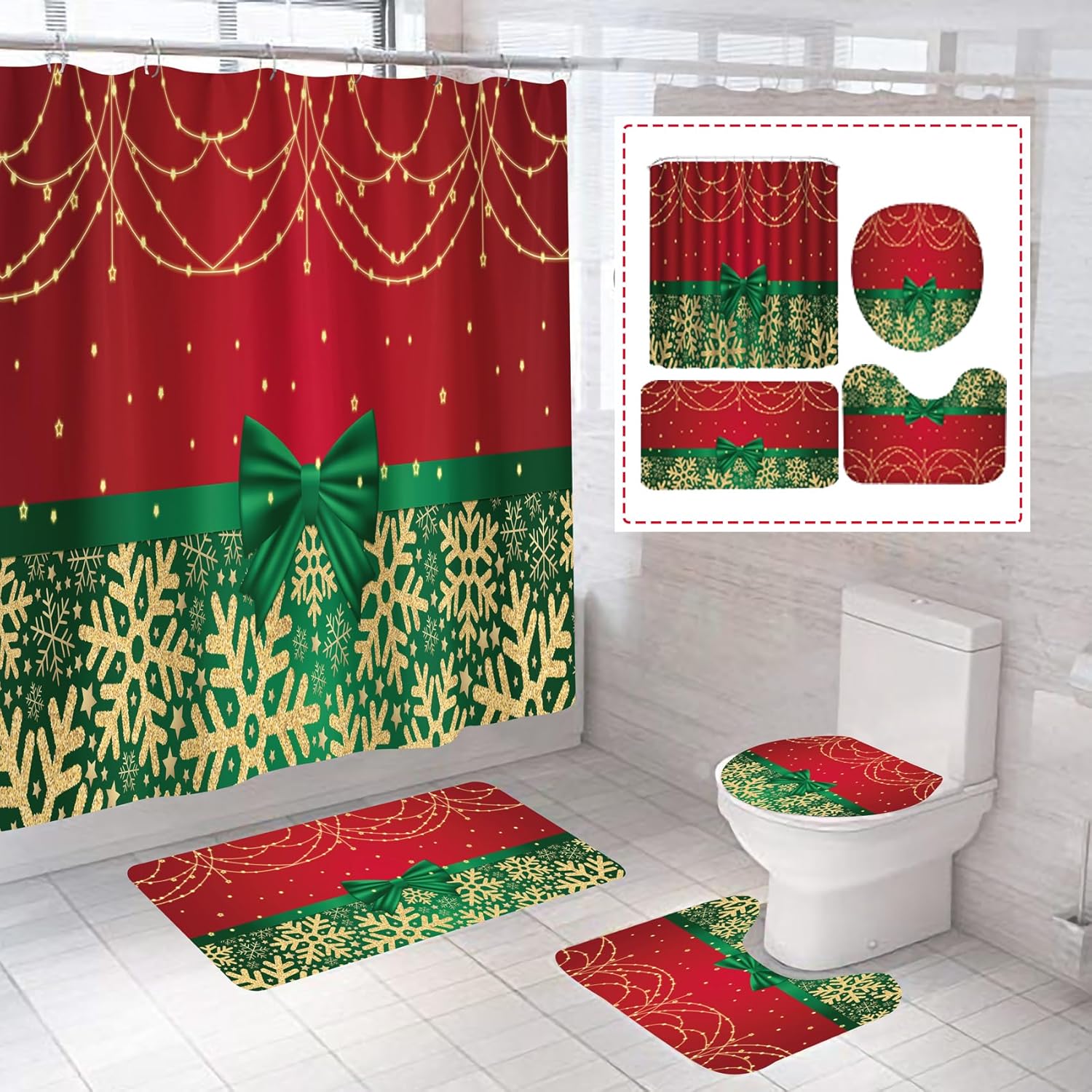 4Pcs Christmas Shower Curtain Sets, Bow Tie Green Decor Shower Curtain with Glowing