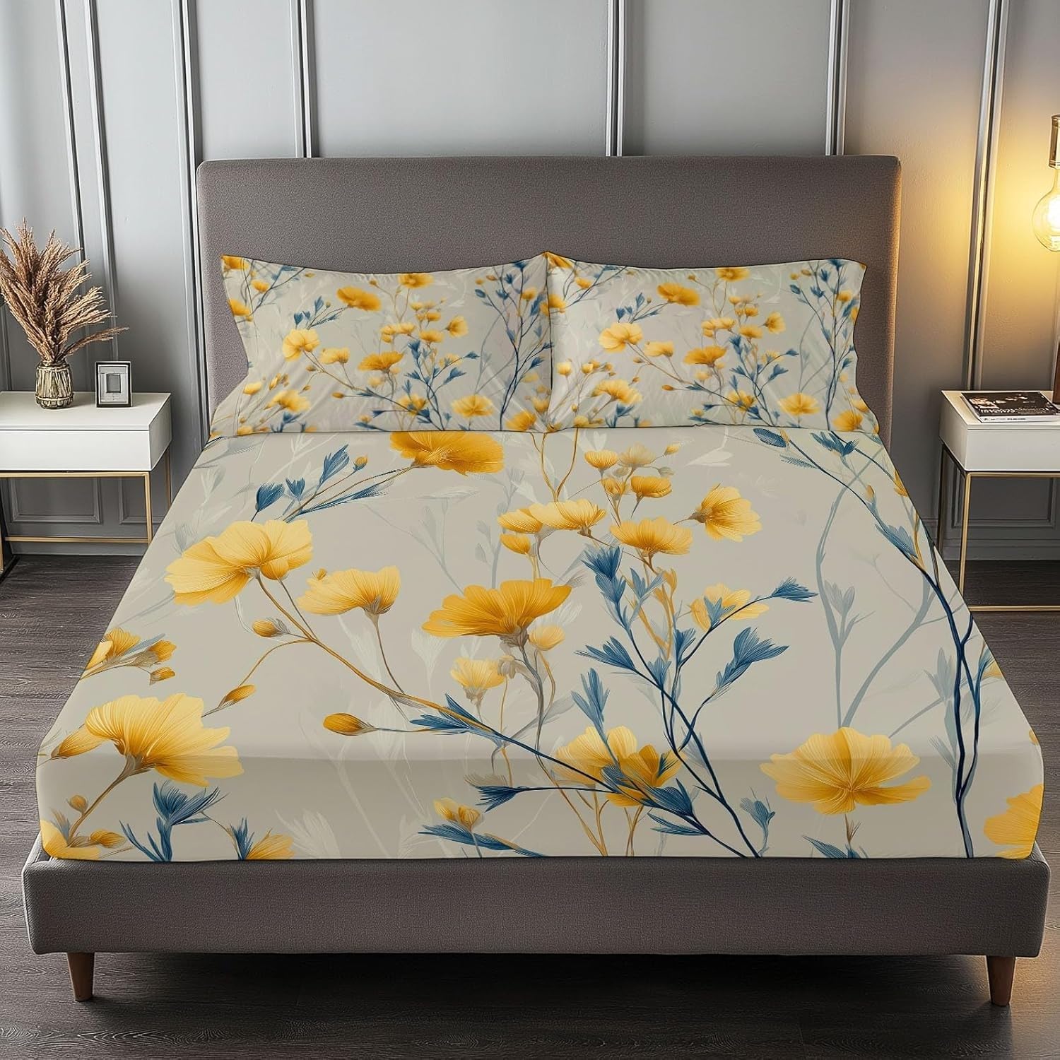 Sabana Bajera 180x200 Flores Amarillas Sabanas Bajeras Estampadas Ramas Azules Sábana Bajera Ajustable Suaves, Elastico Funda Colchon con 2 Funda Almohada 50x80 cm, para Colchón de 30cm de Altura