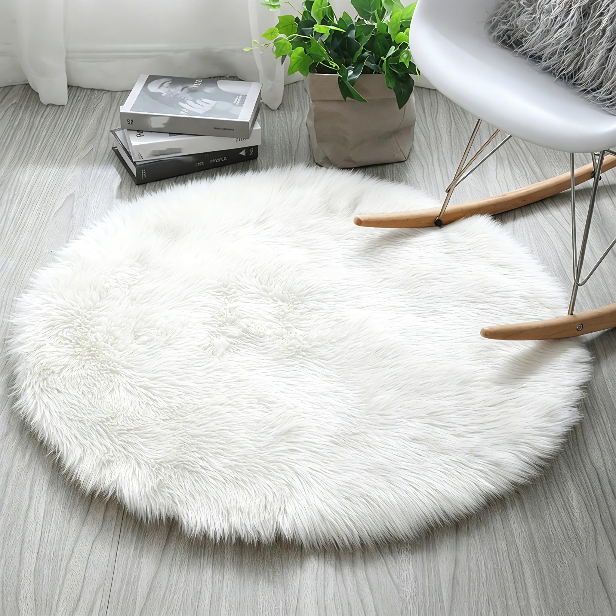 Faux Fur Rug Round Bedroom Rug 50cm White Fluffy Rugs | 6cm long pile, artificial suede bottom, Washable, Shaggy, Anti-slip, Round shape, for living room, bedroom, kids room