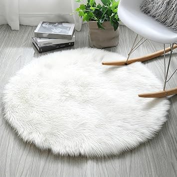 Faux Fur Rug Round Bedroom Rug 50cm White Fluffy Rugs | 6cm long pile, artificial suede bottom, Washable, Shaggy, Anti-slip, Round shape, for living room, bedroom, kids room