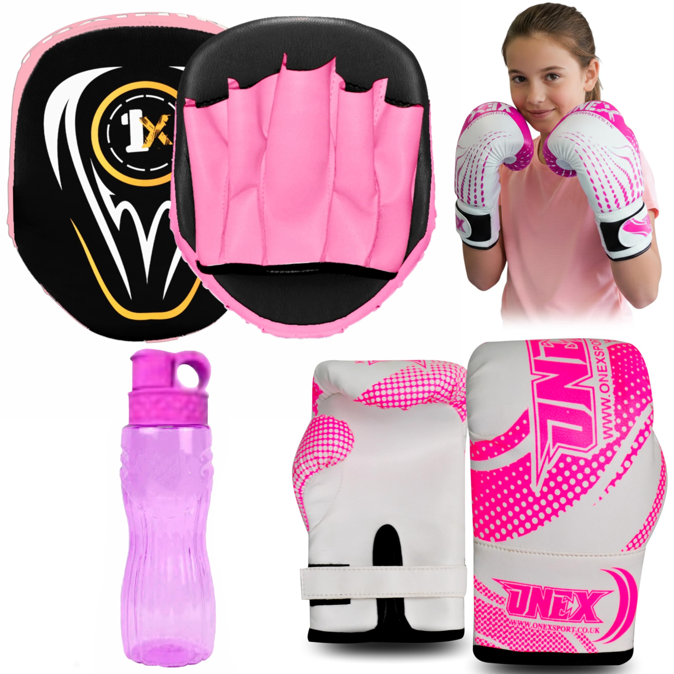 ONEX Boxing Gloves and Pads Kids Boxing Set for Kickboxing & MMA Muay Thai Punching Glove Flat Boxing Pads With Water Bottle Martial Arts Training for Kids and Junior (PINK, 2oz)