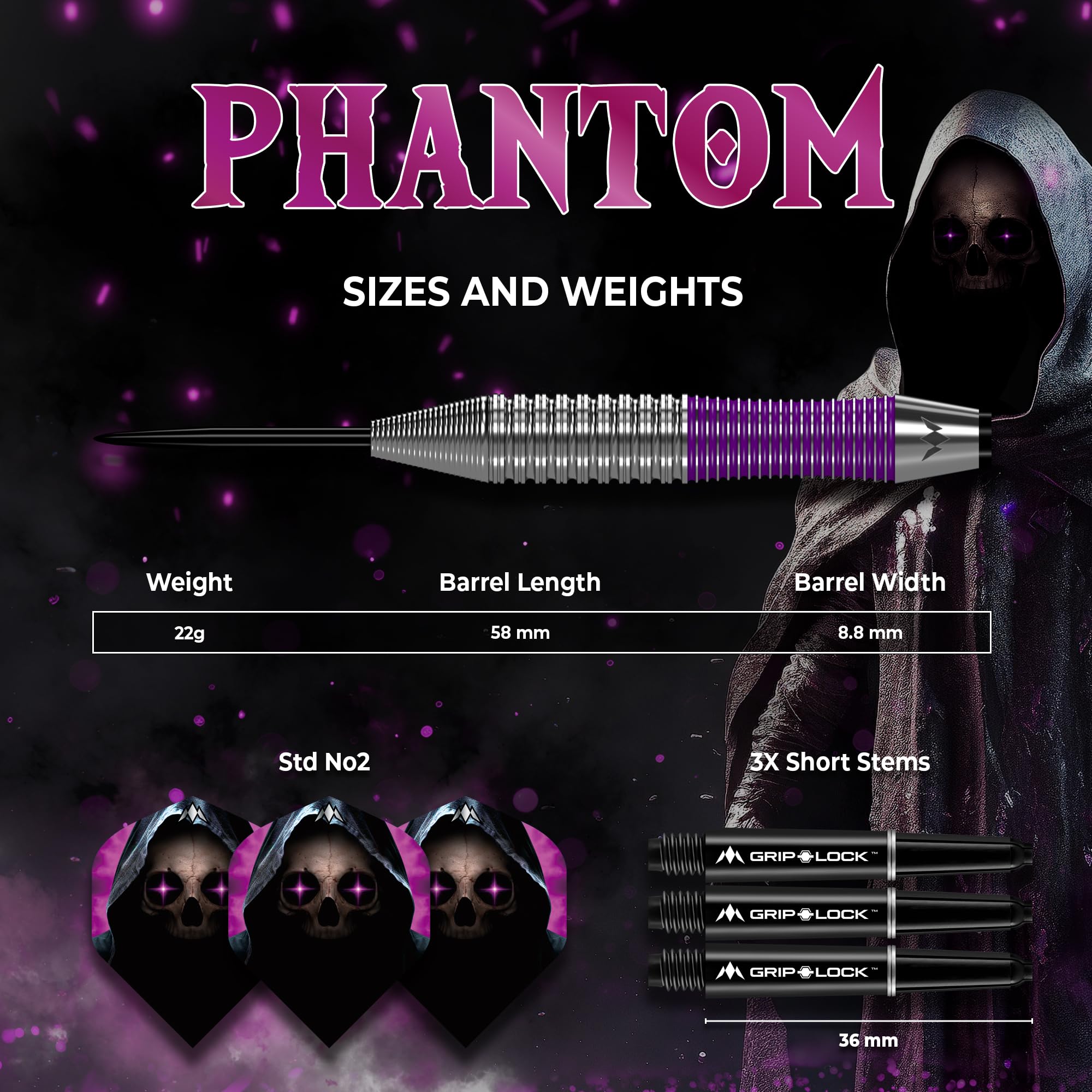 Mission Darts | Rzutki Phantom | Srebrne i fioletowe | Mosiężna tuleja | Zestaw rzutków ze stalową końcówką | 22g.