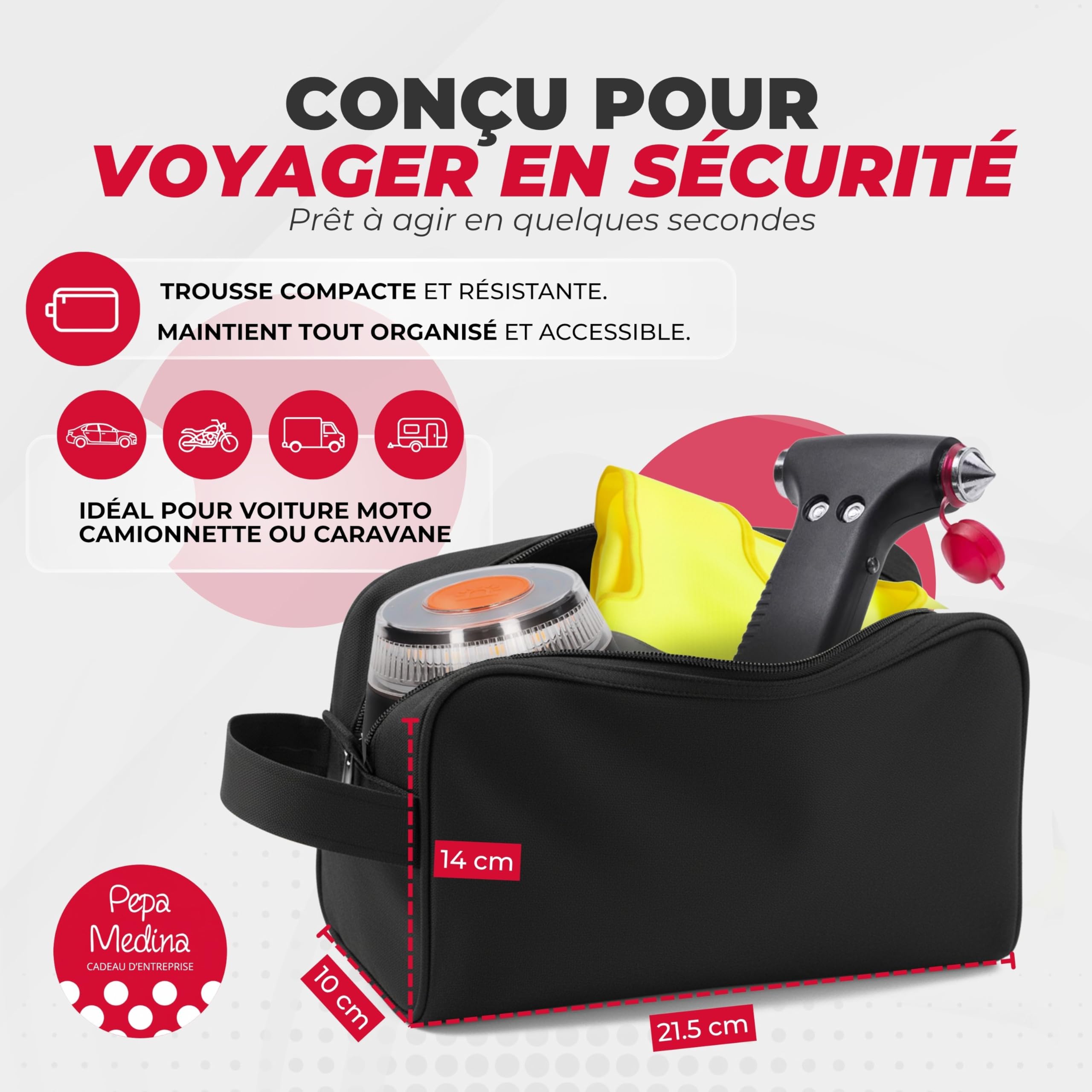 Kit d’Urgence et Sécurité Automobile : Balise V16 Géolocalisée Homologuée DGT 2026, Gilet Réfléchissant, Marteau de Sécurité Multifonction, Coupe-Ceinture, Lampe LED et Pochette Compacte