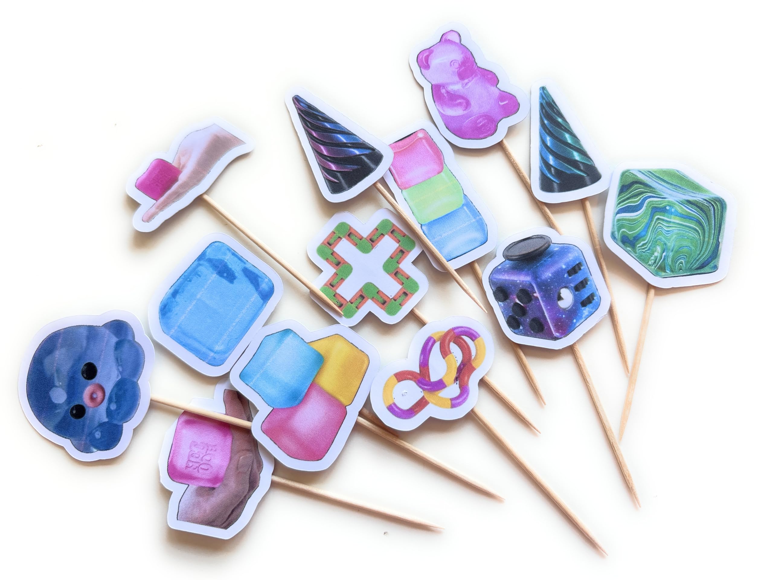 Fidget Squishy Toy Sensory Cupcake Toppers, Gen Alpha Theme, Birthday Party Decoration, Cake Picks, Set of 12