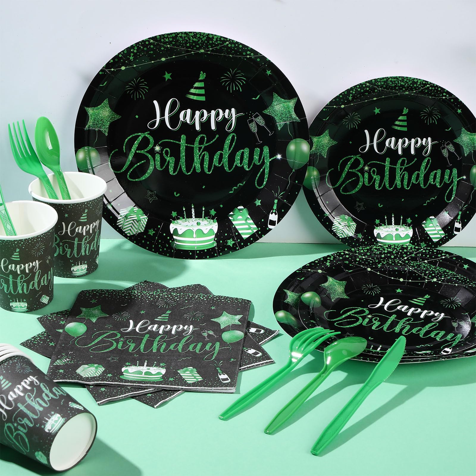 Vesici 171 Pcs Happy Birthday Party Supplies 24 Set Disposable Party Tableware include Plates Cups Napkins Cutlery and Banner Tablecloth Birthday Party Decorations for Men Woman (Black, Green)
