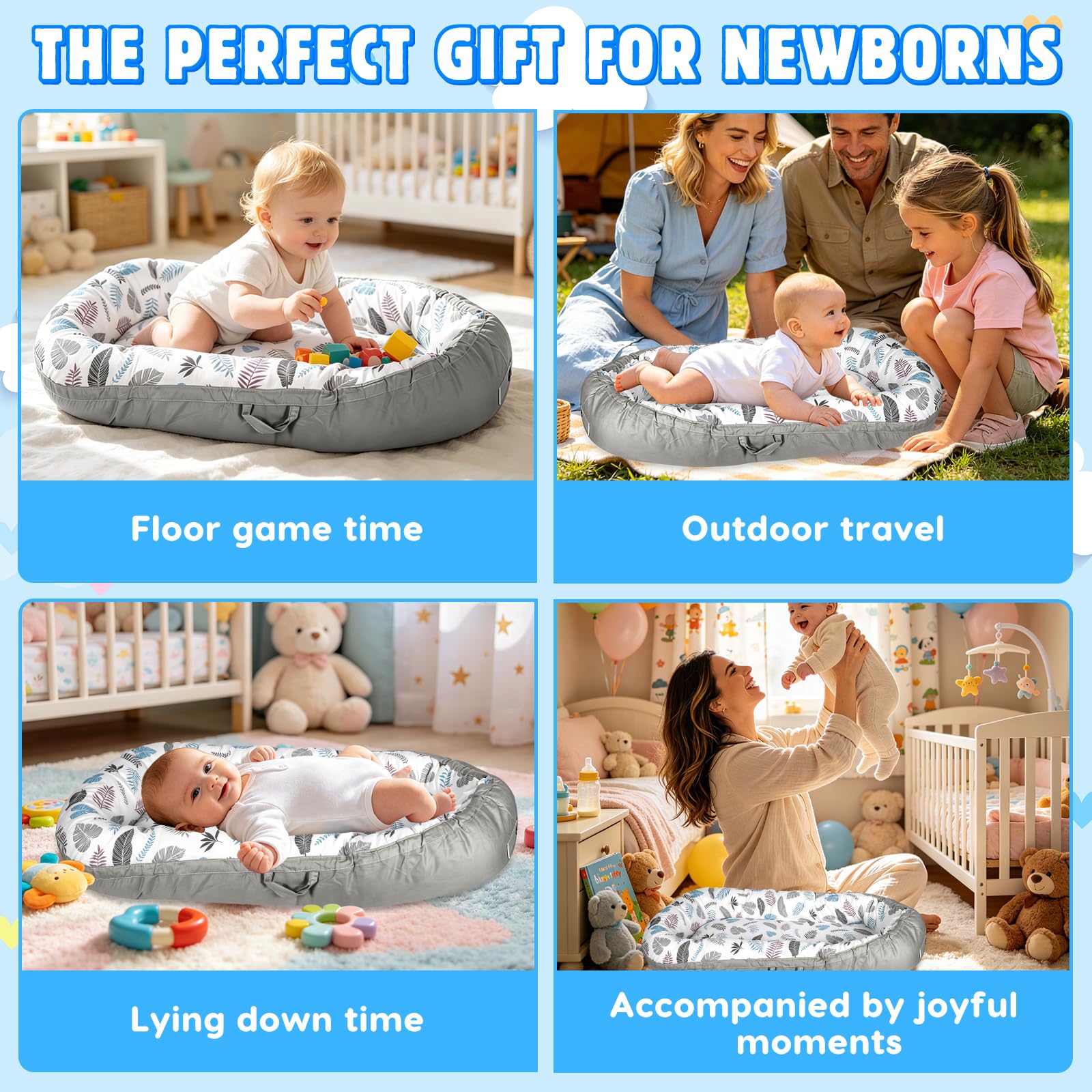 Reducteur de Lit Bebe, Lit Bébé Nouveau-Né 90x50 cm, Doux et Confortable, 100% Coton, Couffin Réversible, Portable avec Poignée de Transport, pour Filles et Garçons de 0 à 24 Mois