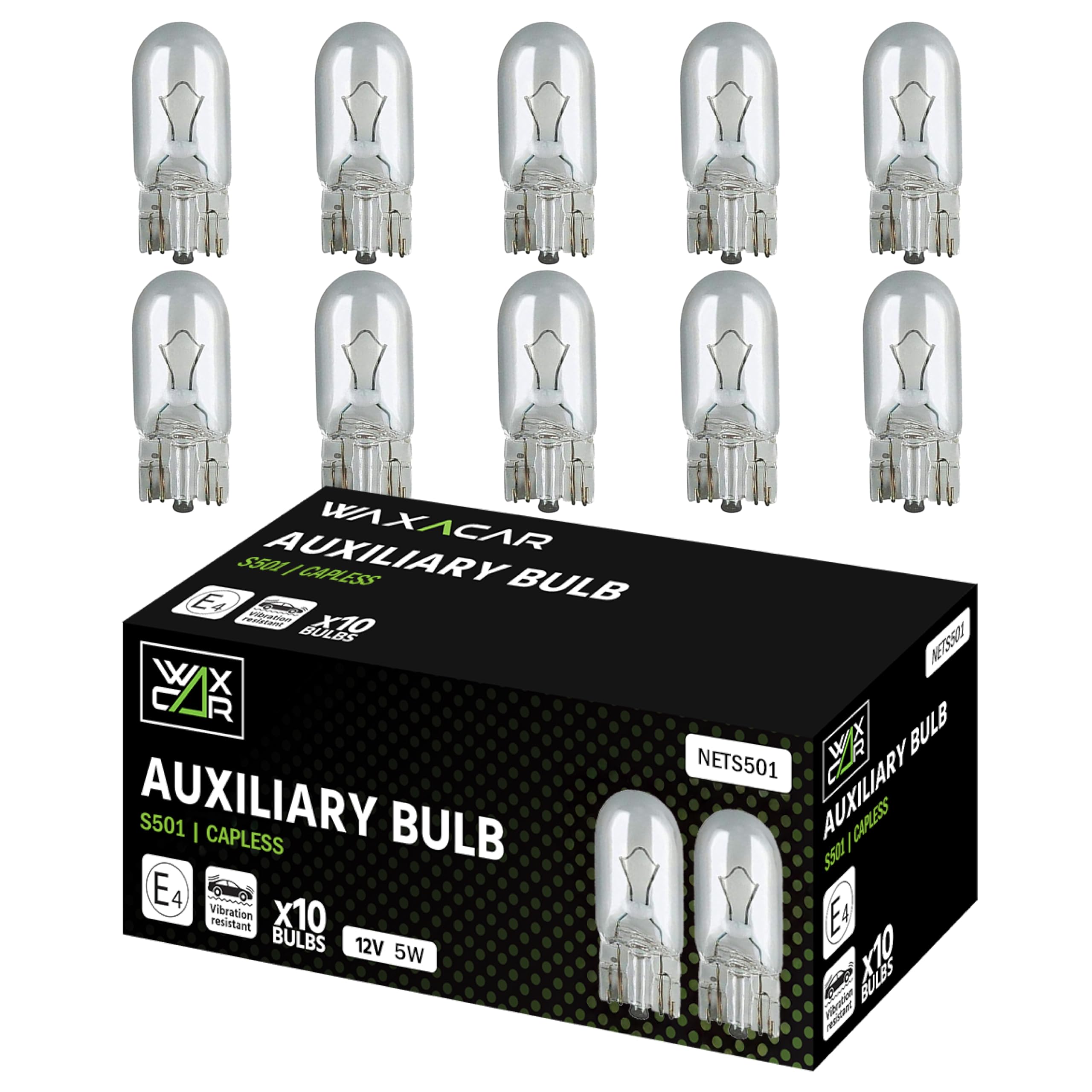 WAXACAR Vehicle Light Bulbs, Multi-Purpose for Tail, Brake, Fog, Indicator, Reverse Lights, 10 Pack, Universal Fit, Halogen, 21W, Compatible with Car, Van, Trailer, Truck, Bike (501 (10 Pack))