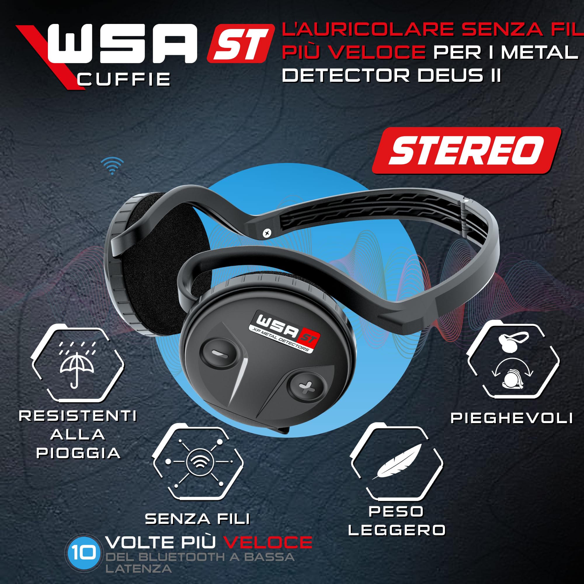 XP METAL DETECTORS WSA ST – Cuffie stereo wireless più veloci, compatibili con Deus II RC e WS6 ST Master, pieghevoli, dal design compatto e intelligente, leggere e completamente impermeabili (WSAST)