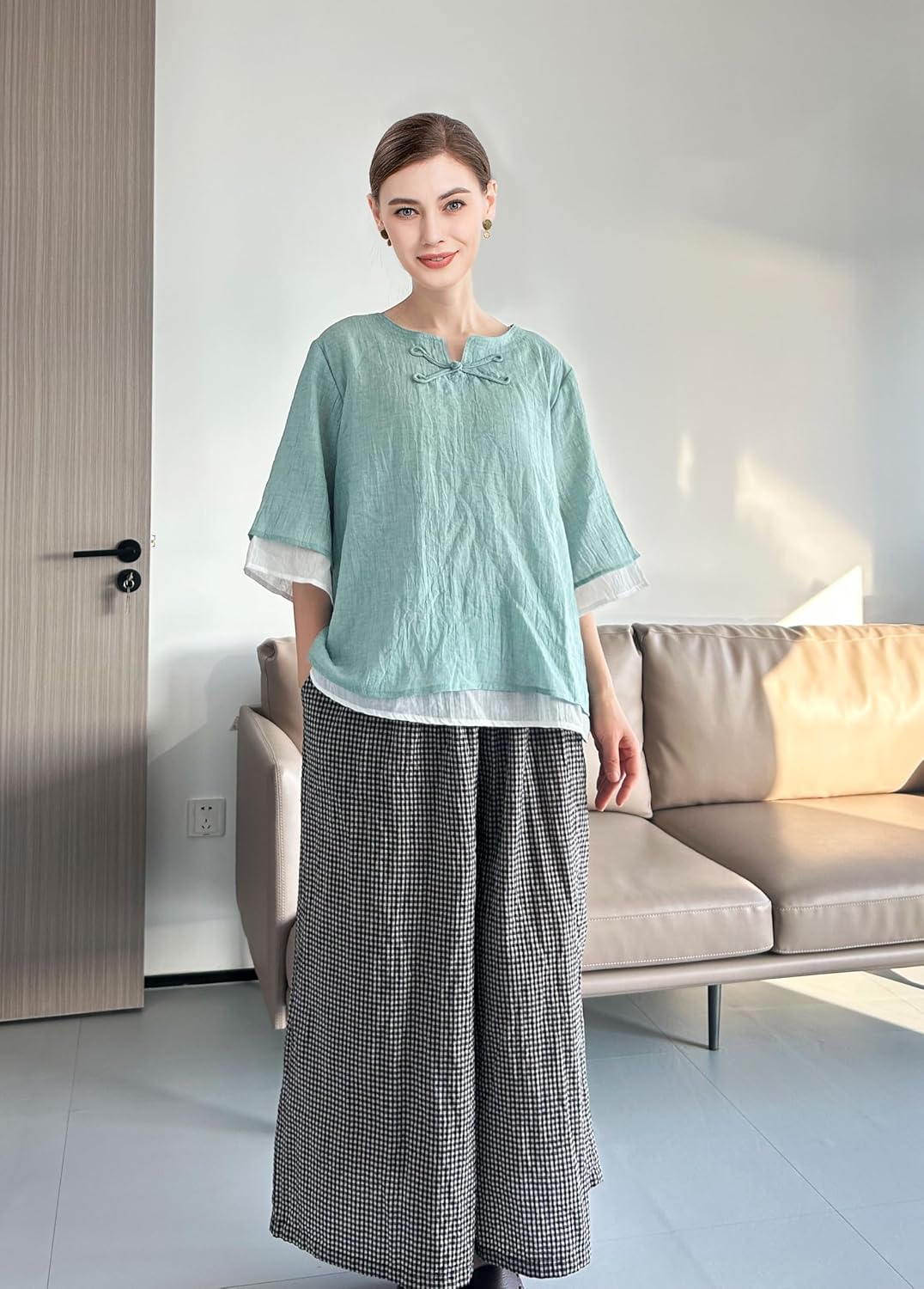 Minibee Women's Cotton Linen Shirts Summer 3/4 Length Sleeve Tops Chinese Frog Casual Blouse - Image 6