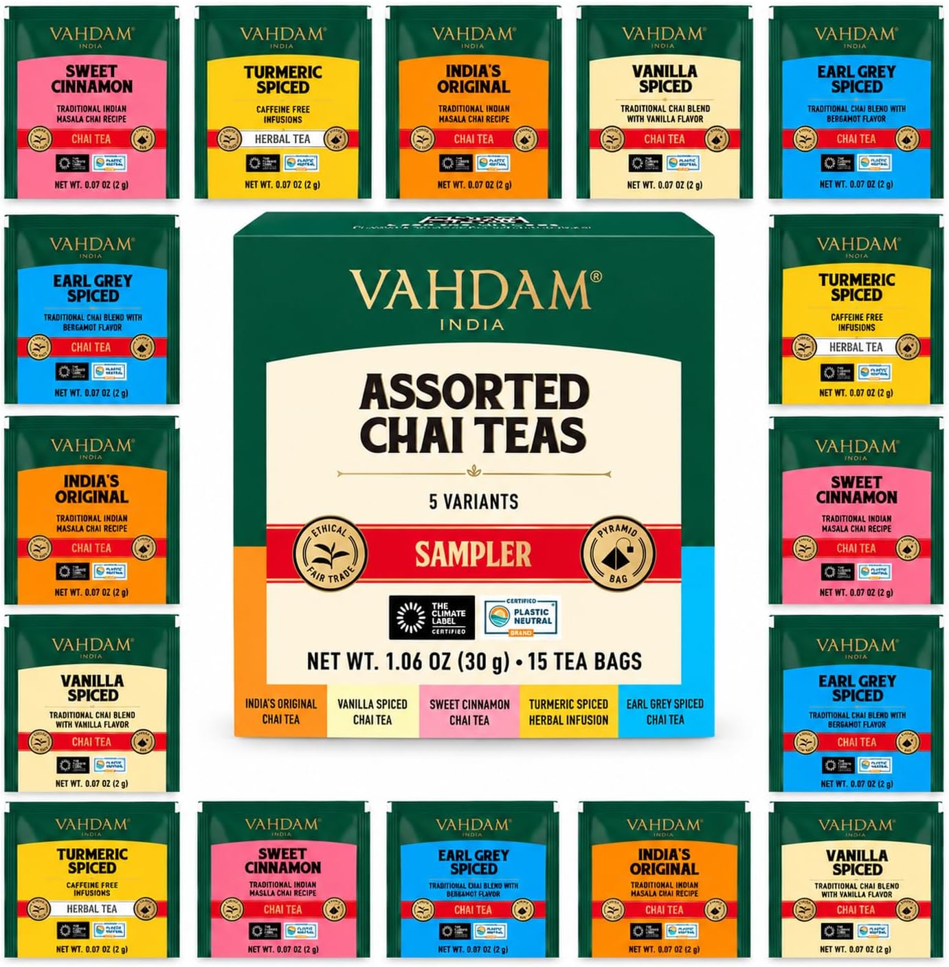 VAHDAM Assorted Chai Tea Bag Sampler(5 Flavors, 15 Pyramid Teabags)Tea Gift