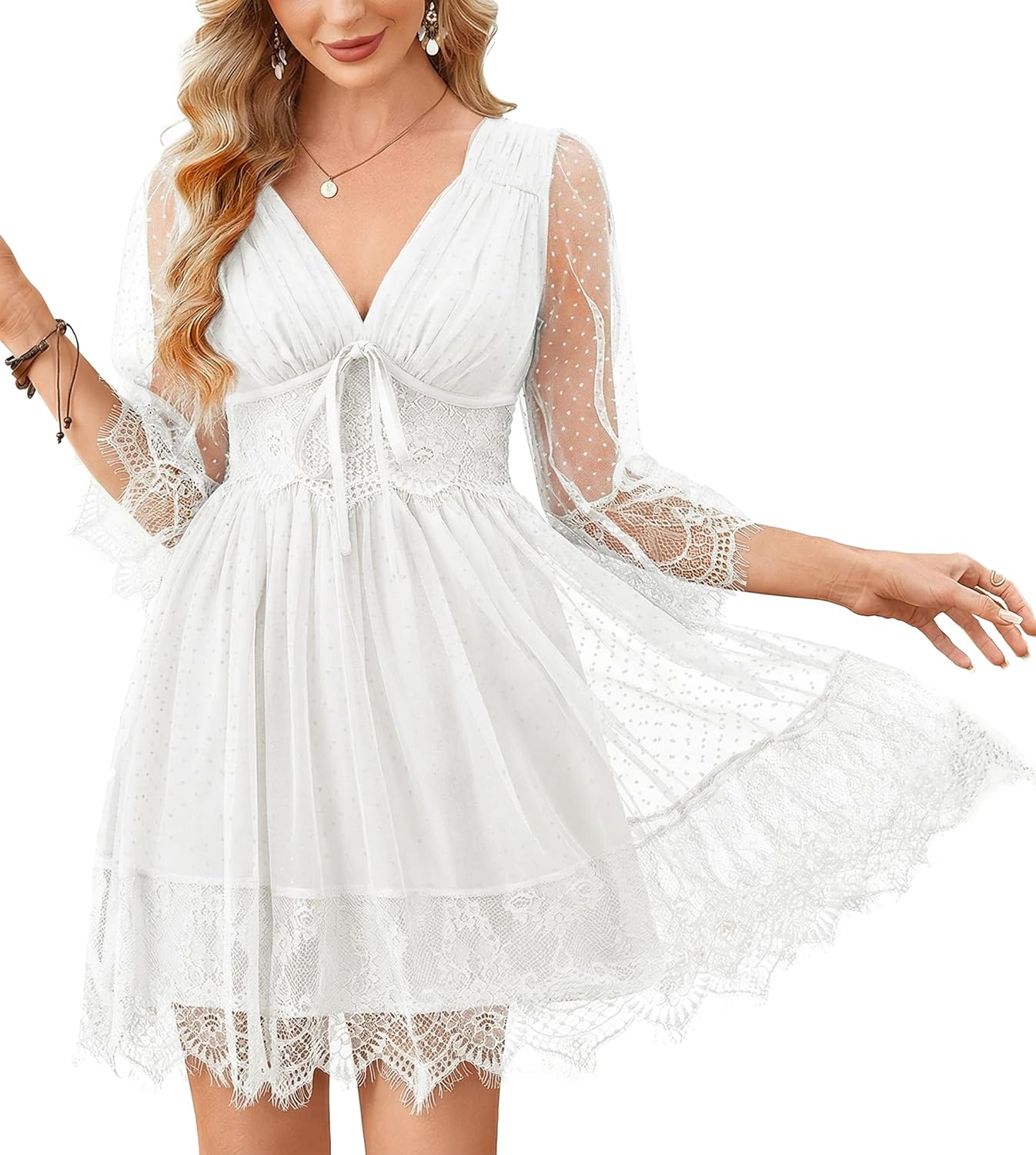 Florboom Women's Summer Boho Lace Patchwork Mini Dresses Deep V Neck Somcked Back Dress- Vacation, Wedding Guest