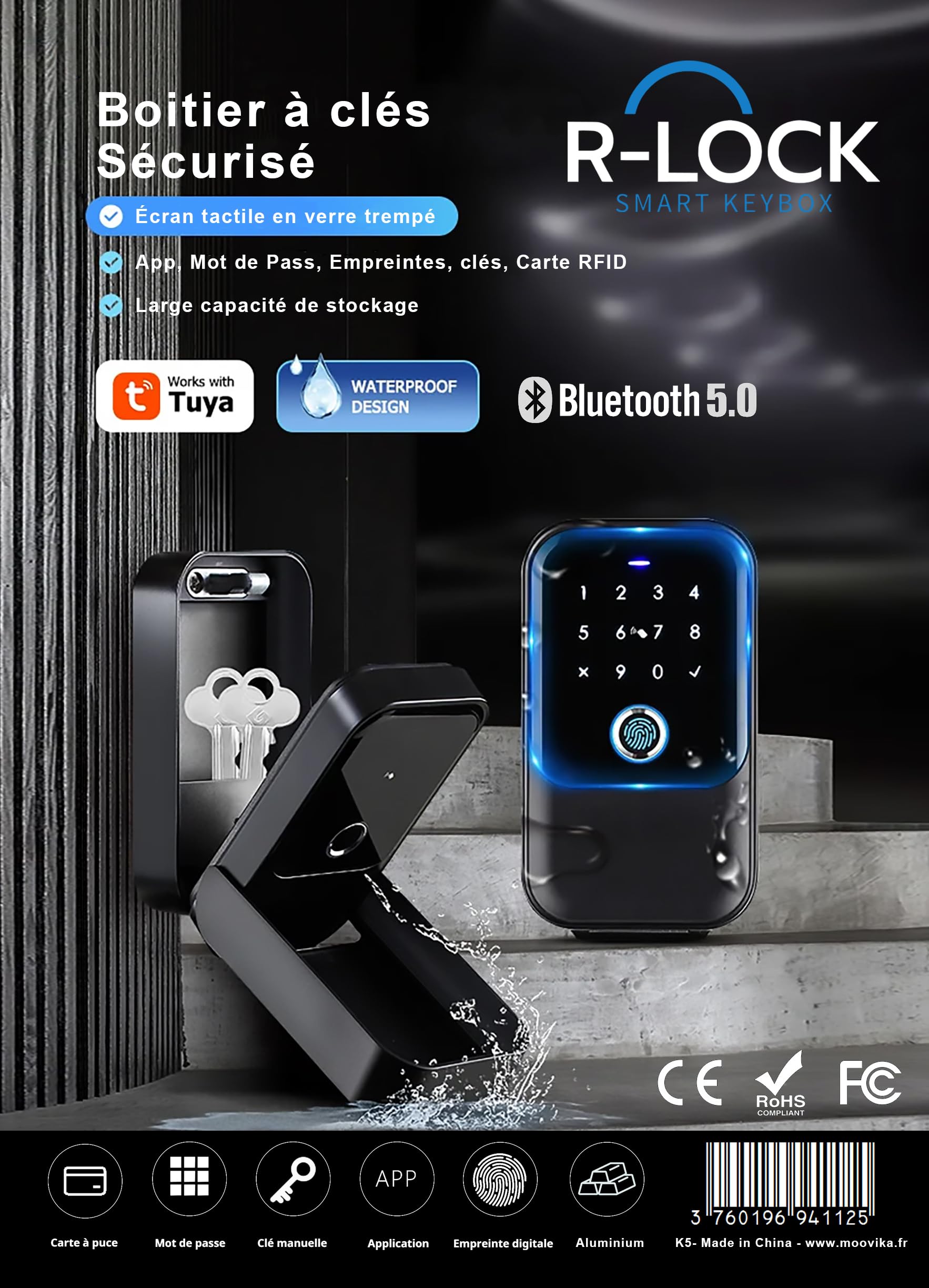 Boitier de vérouillage de clé en Aluminium étanche iP65, empreinte digitale, carte RFID, mot de Pass, Tuya App