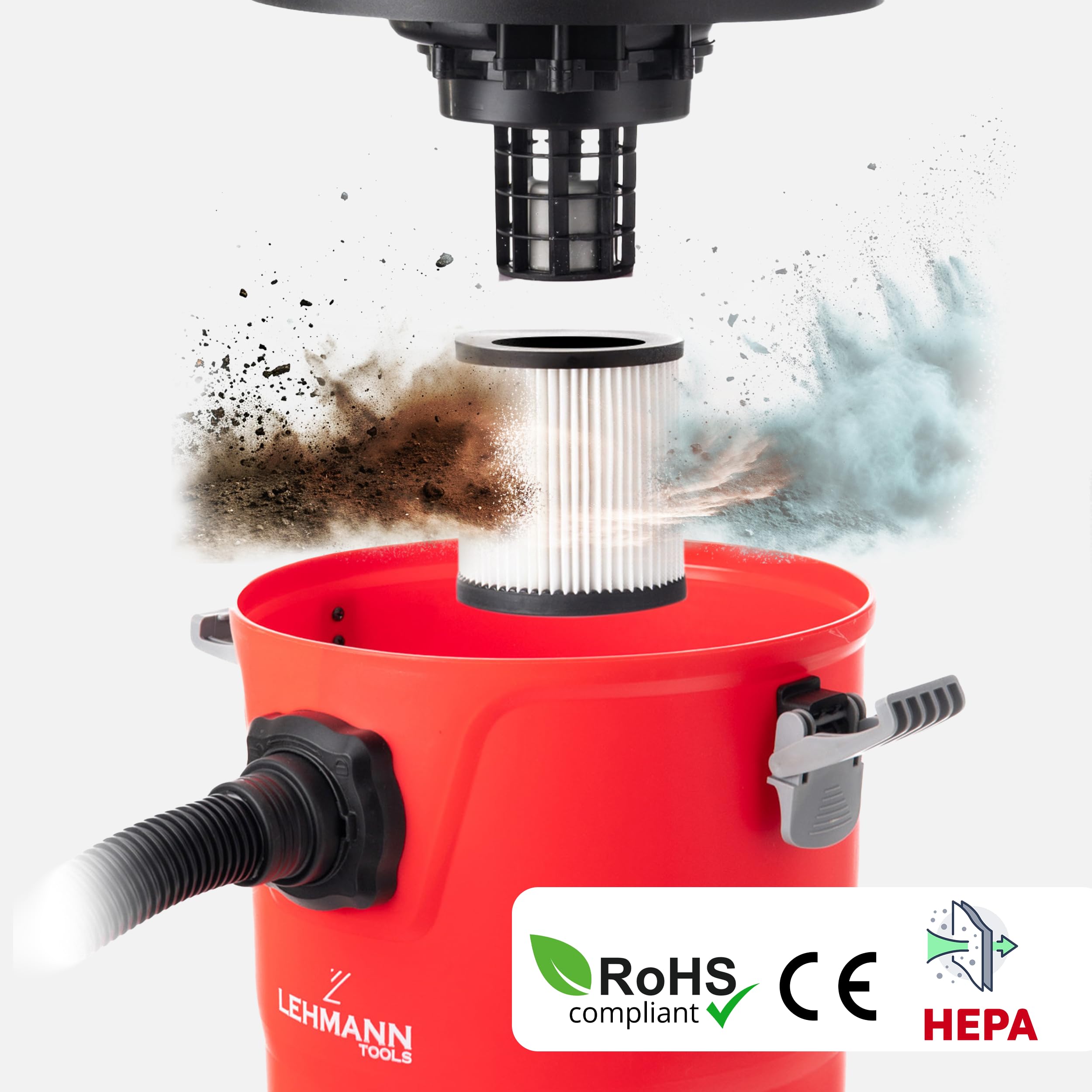 LEHMANN Industriestaubsauger mit Steckdose 2000 W, 30 L Nass Trockensauger ohne Beutel, HEPA-Filter, Schaumfilter & Filterrüttler, Blasfunktion, Werkstattsauger für Werkstatt und Baustelle, Rot