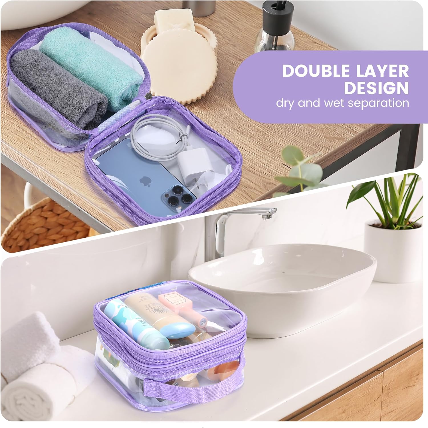 TSA clear toiletry bag airport approved see through pvc plastic pouch transparent makeup carry on with handle(purple) - Image 5